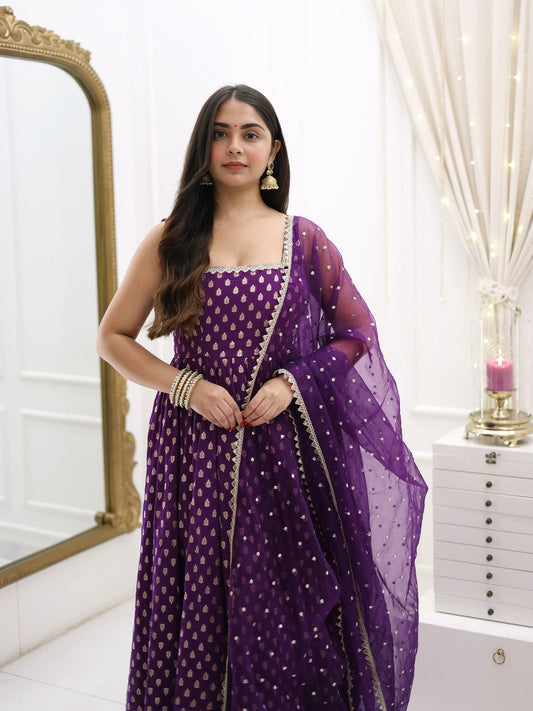 Captivating Jacquard Silk Purple Color Gown With Dupatta