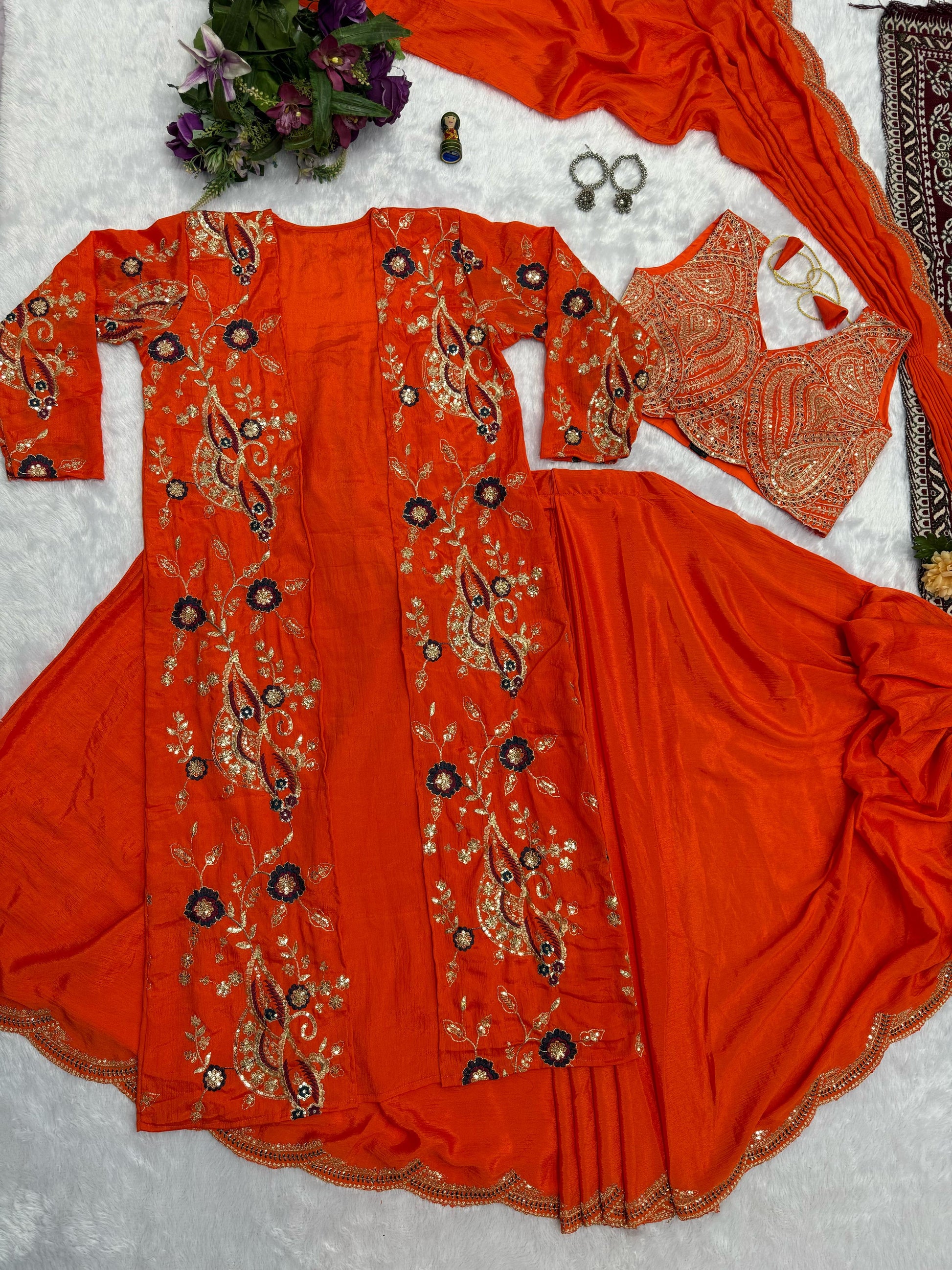 Eyes Catching Chinon Silk Orange Color Ready To Wear Saree With Koti