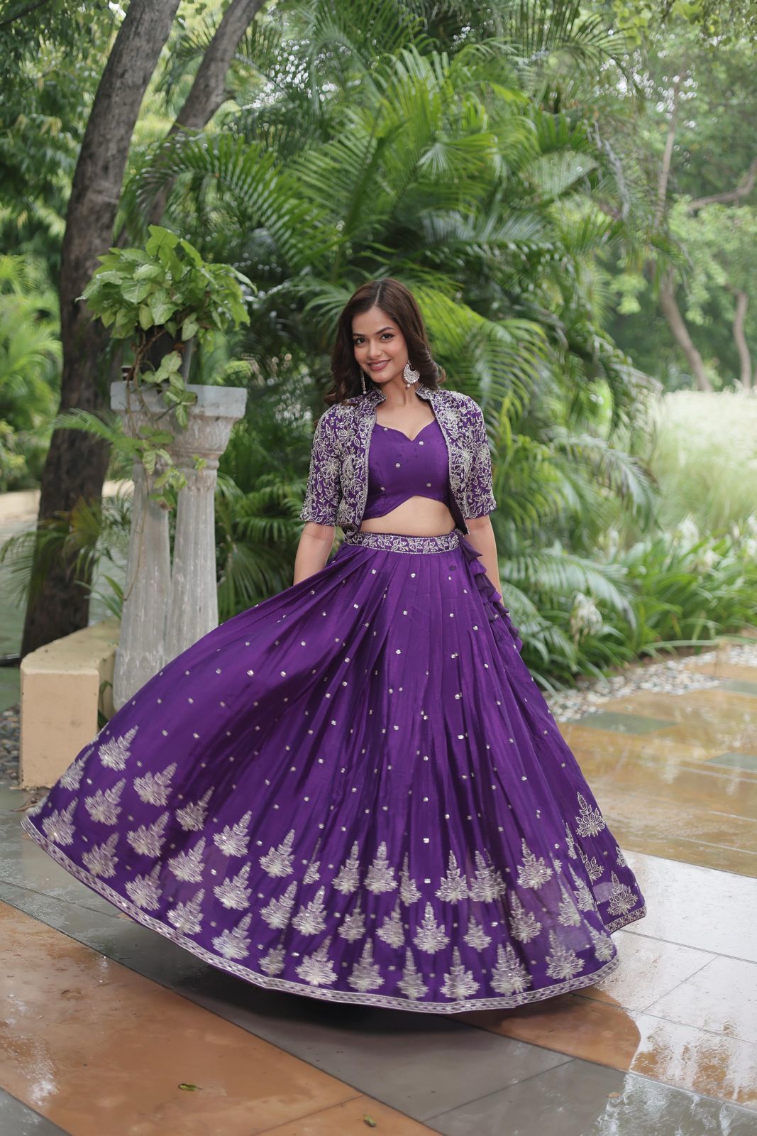 Designer Chinnon Purple Color Lehenga Choli With Koti