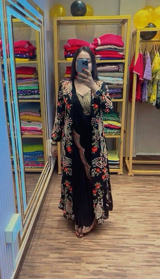 Eyes Catching Chinon Silk Black Color Ready To Wear Saree With Koti