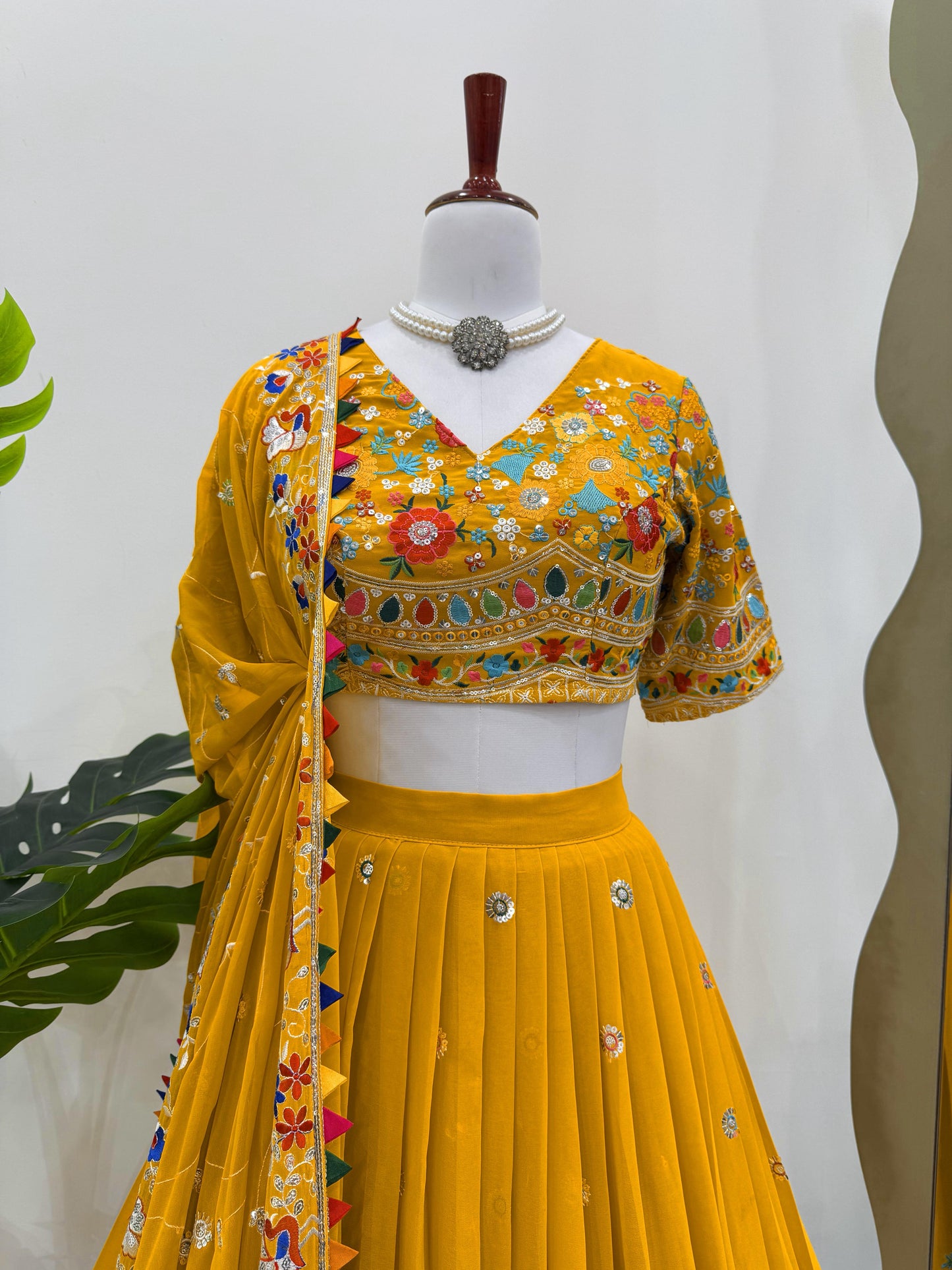 Multi Thread Work Georgette Mustard Color Lehenga Choli