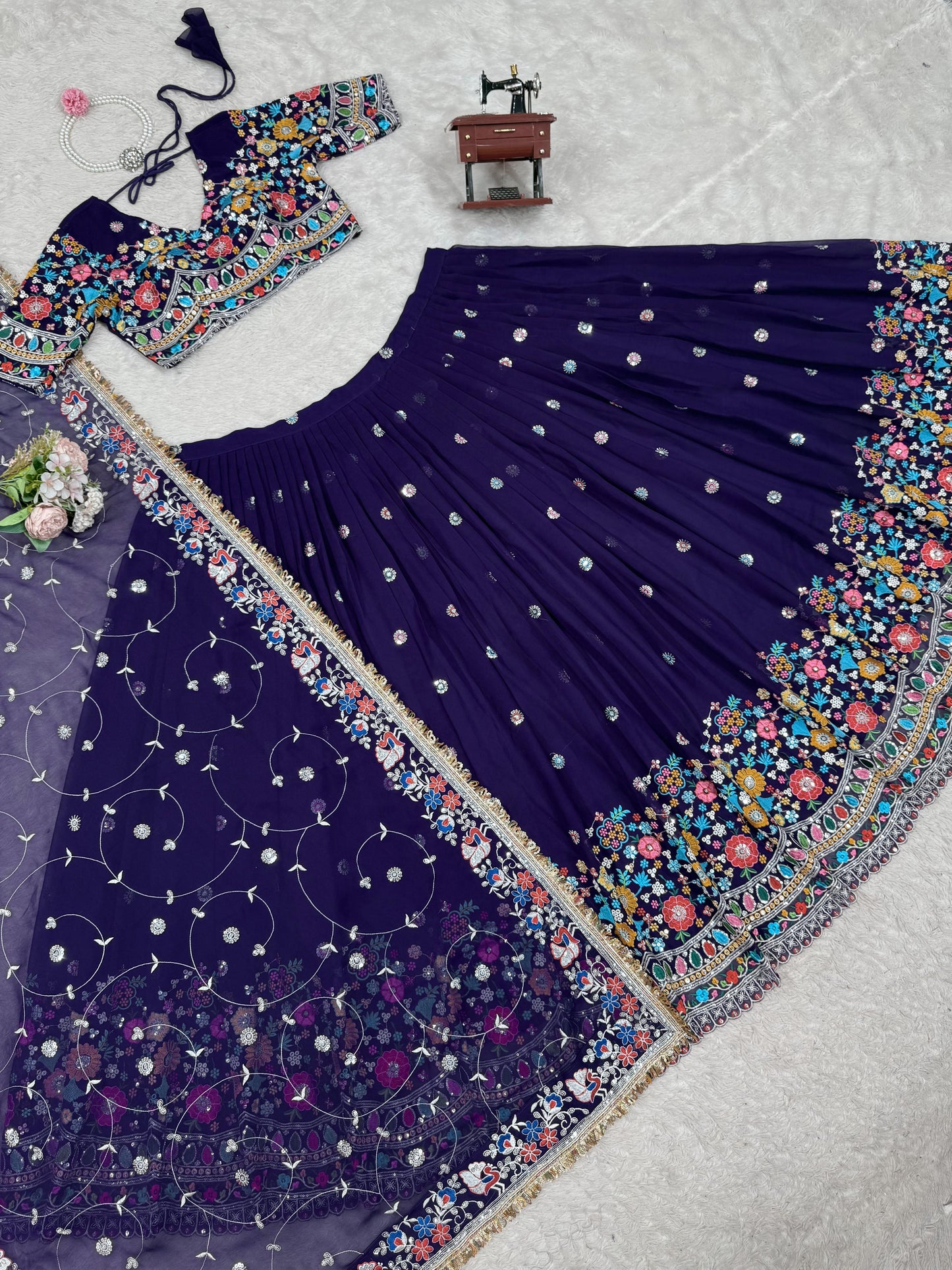 Multi Thread Work Georgette Navy Blue Color Lehenga Choli