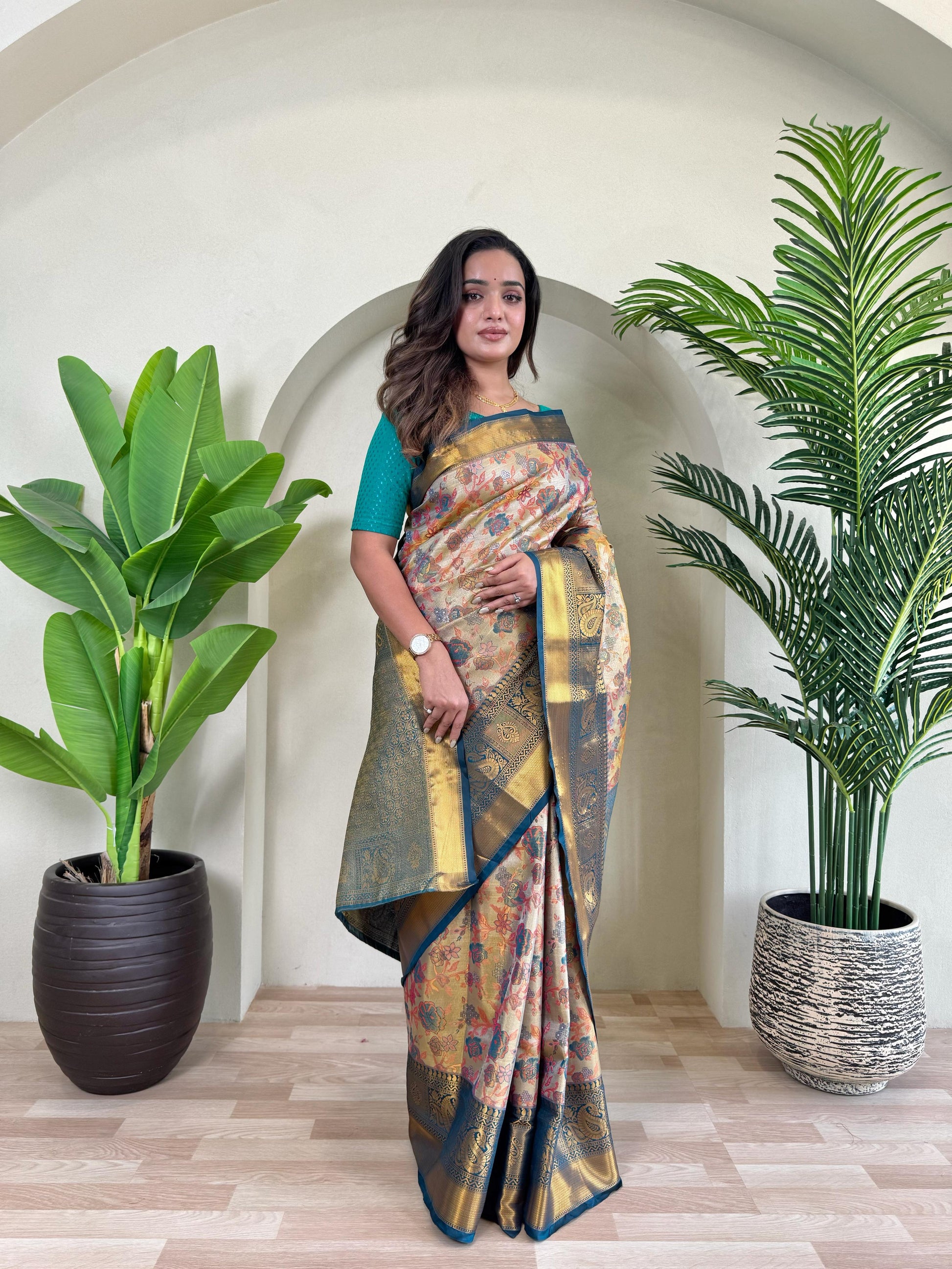 Demanding Kanchipuram Teal Blue Color Saree