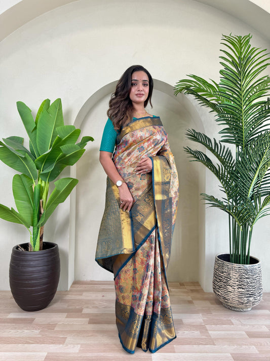 Demanding Kanchipuram Teal Blue Color Saree