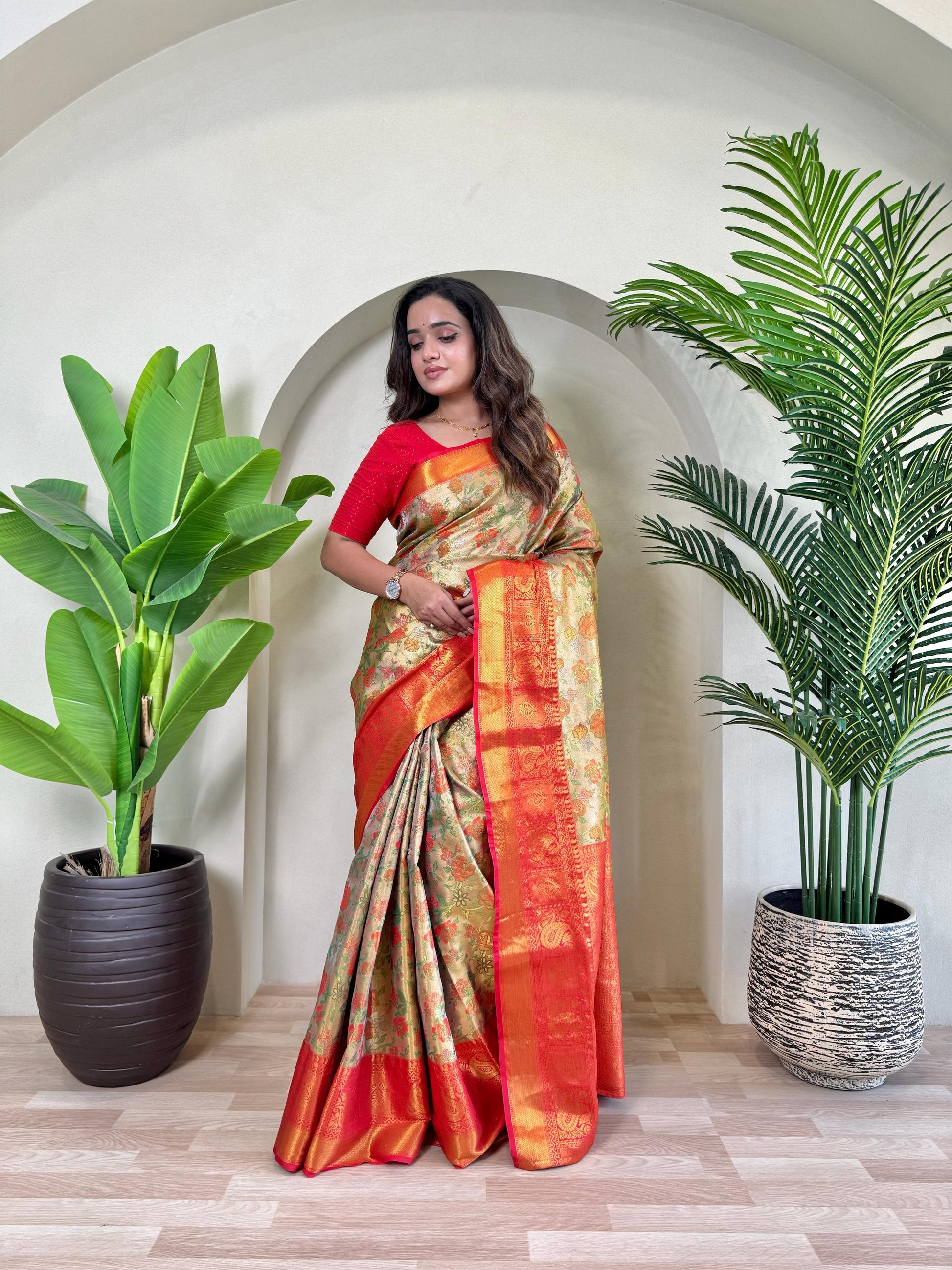 Demanding Kanchipuram Orange Color Saree