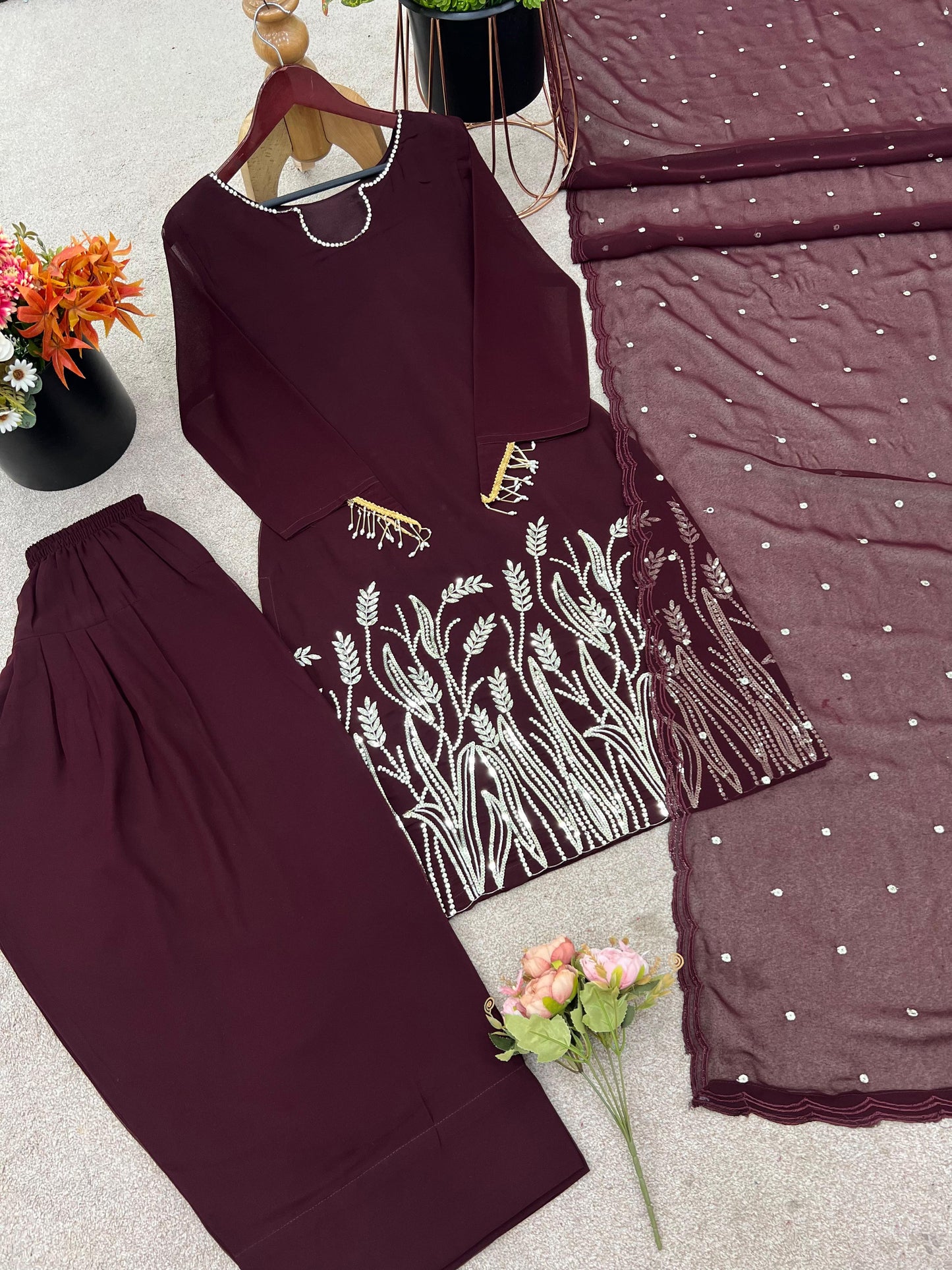 Trendy Sequence Work Wine Color Salwar Suit With Dupatta