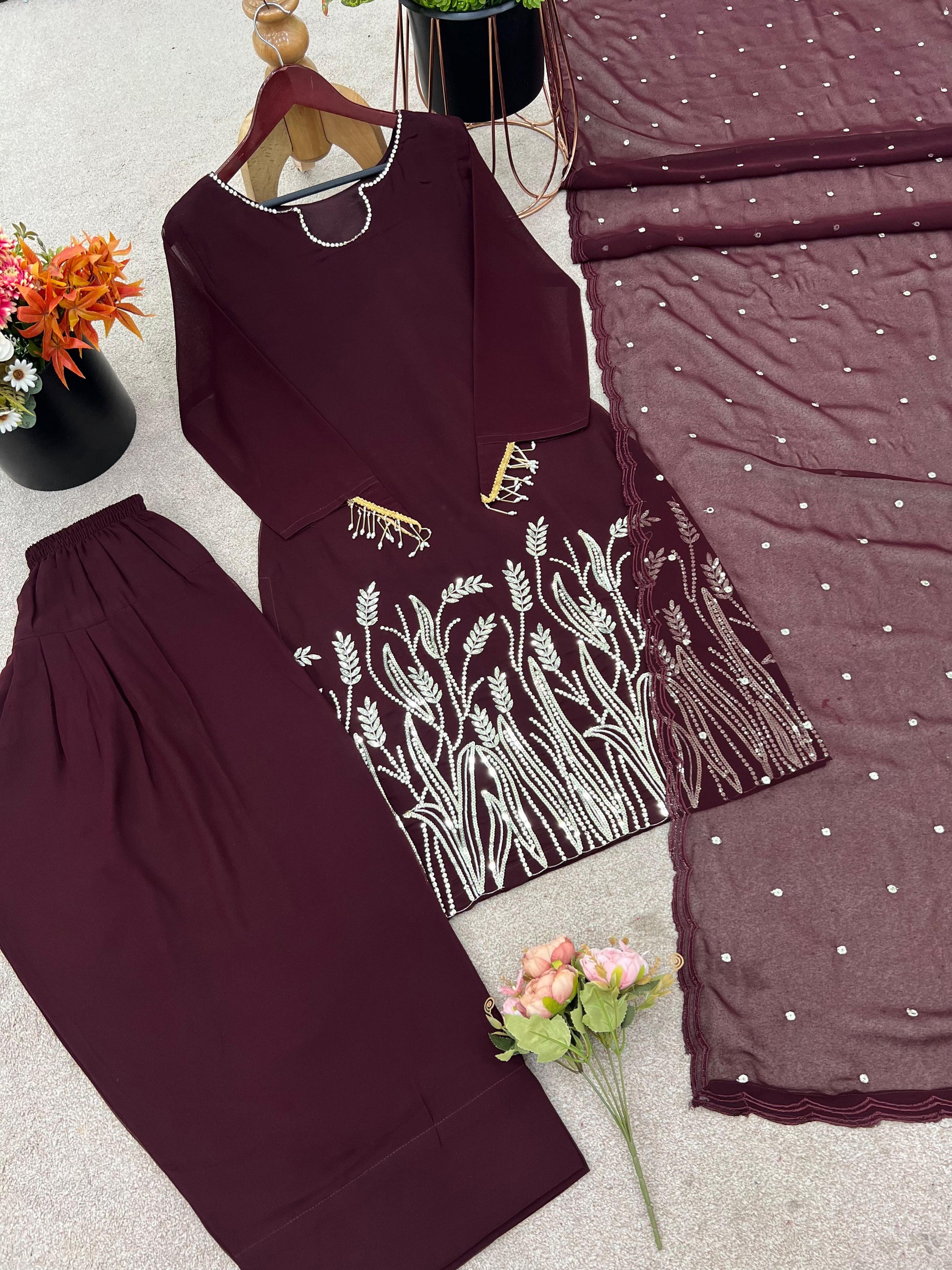 Trendy Sequence Work Wine Color Salwar Suit With Dupatta