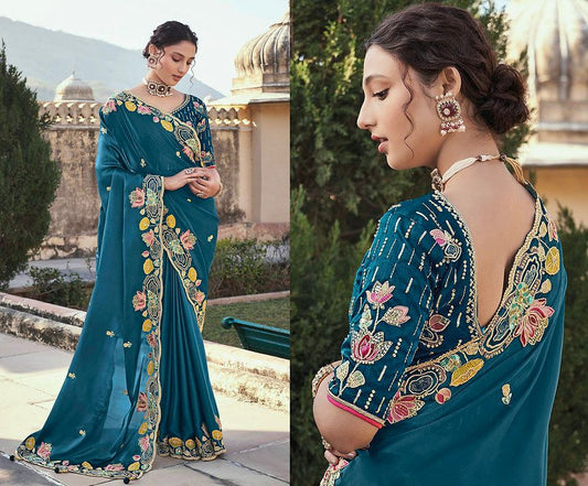 Wedding Wear Jimmy Cho Embroidery Work Teal Blue Color Saree