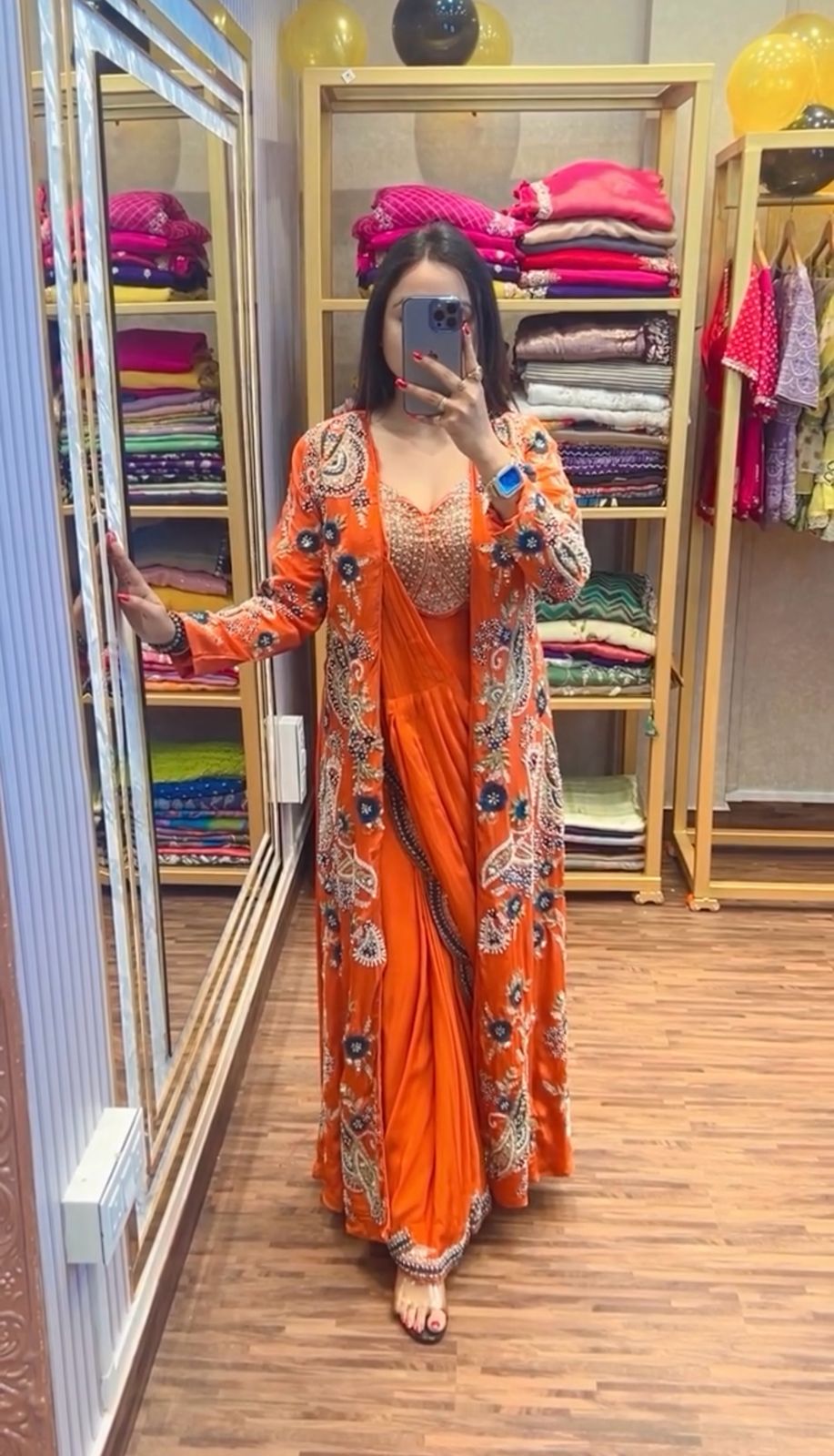Eyes Catching Chinon Silk Orange Color Ready To Wear Saree With Koti
