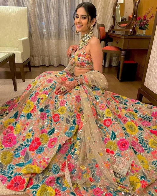 Shining Multi-color Sequence Embroidery Work Net Lehenga Choli