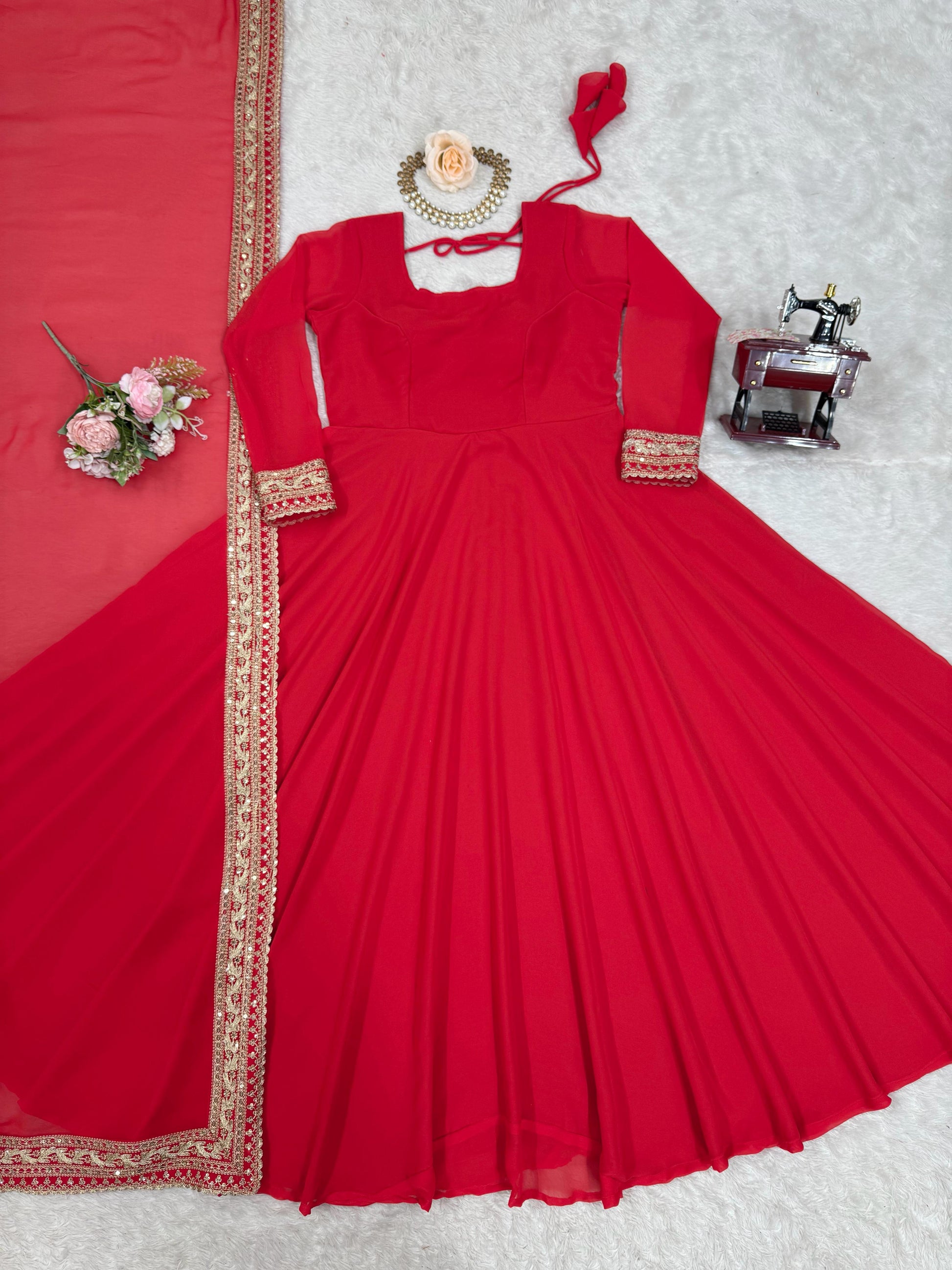 Attractive Georgette Red Color Anarkali Gown