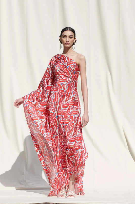 Off Shoulder Luxurious Satin Printed Kaftan Dress