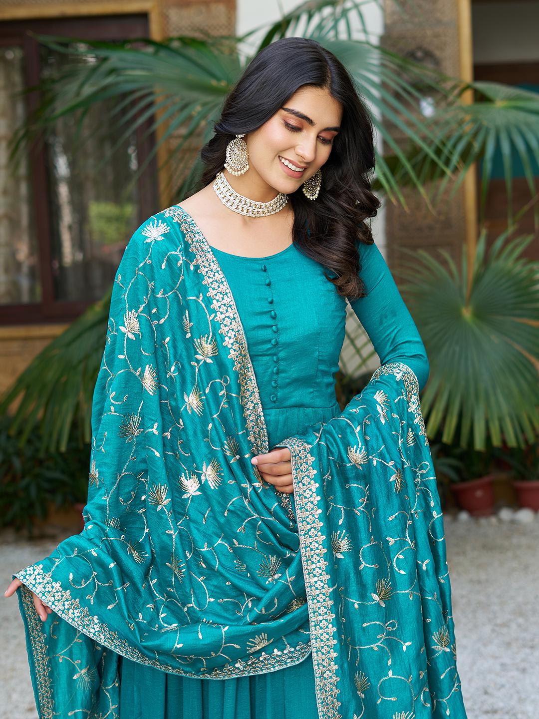 Traditional Wear Vichitra Silk Sky Blue Color Gown