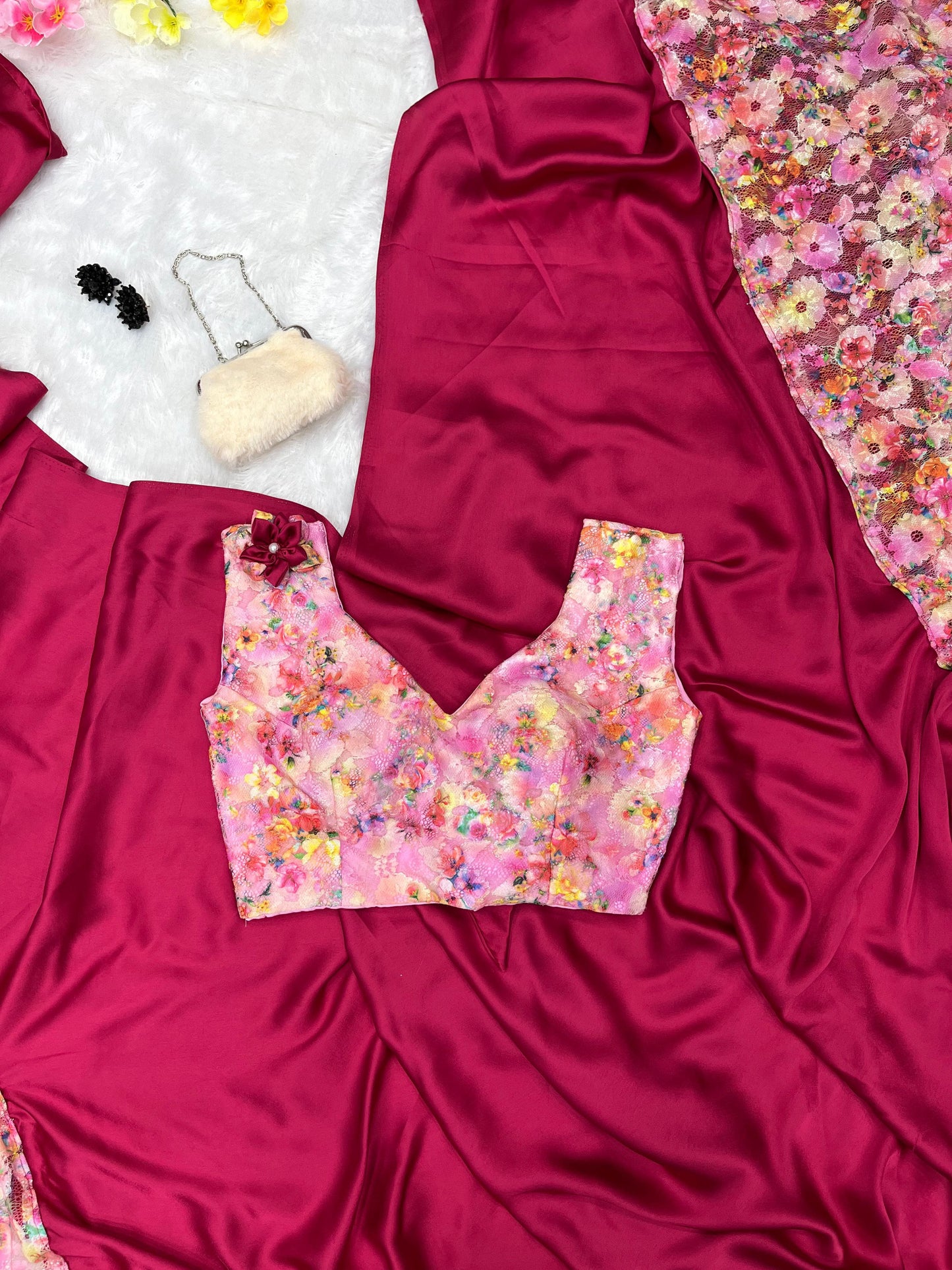 Ravishing Satin Silk Printed French Net Pink Color Saree