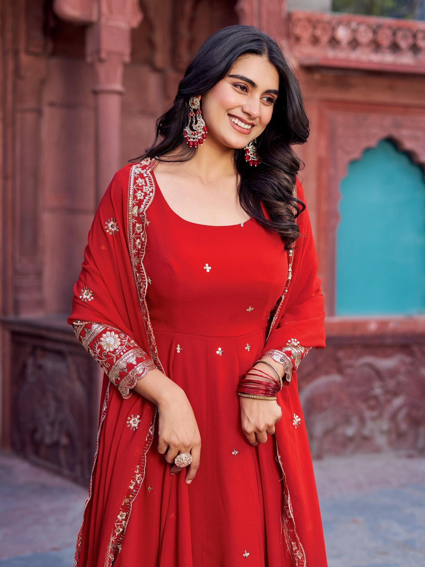 Outstanding Red Color Georgette Gown With Dupatta