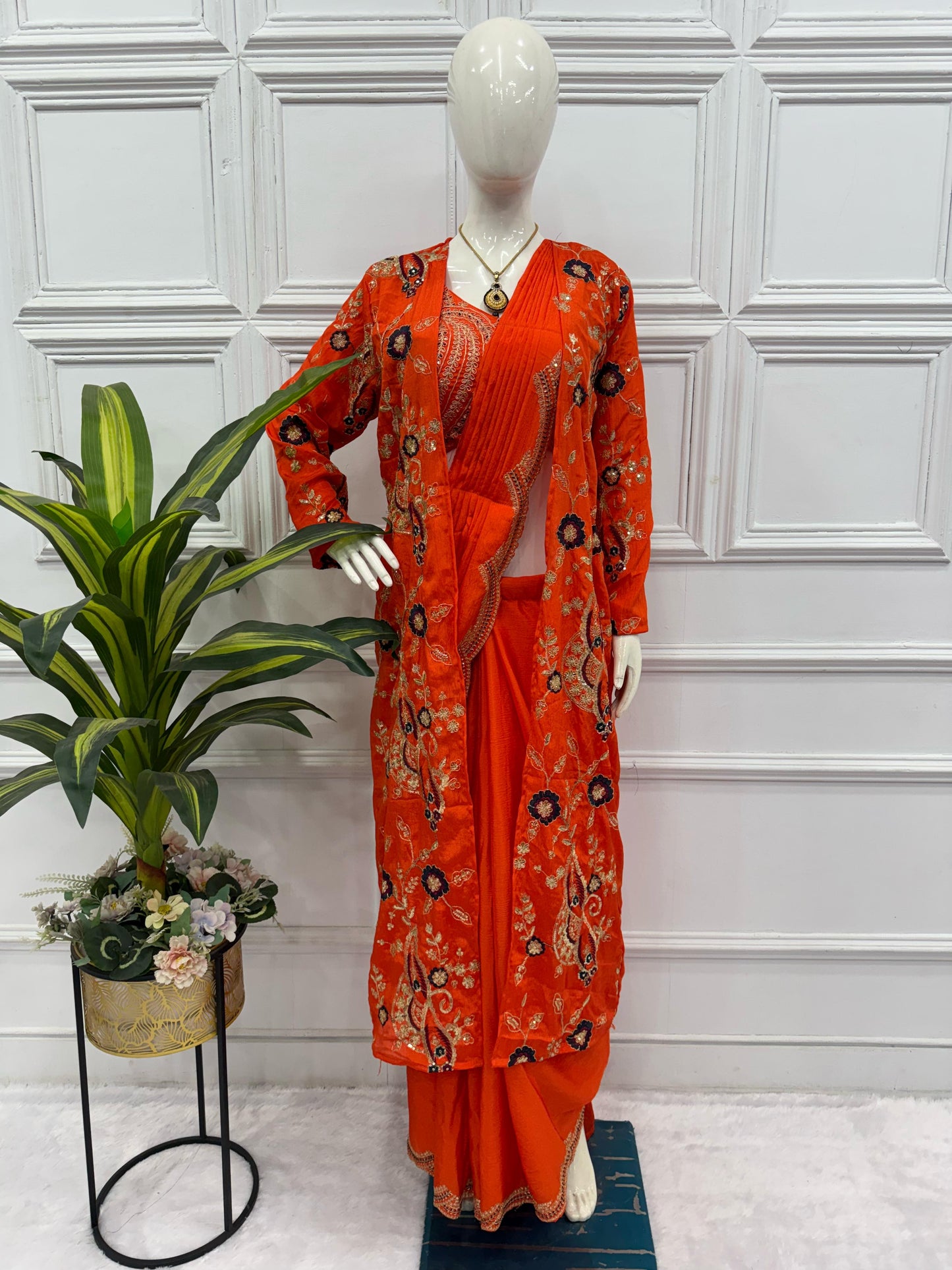 Eyes Catching Chinon Silk Orange Color Ready To Wear Saree With Koti
