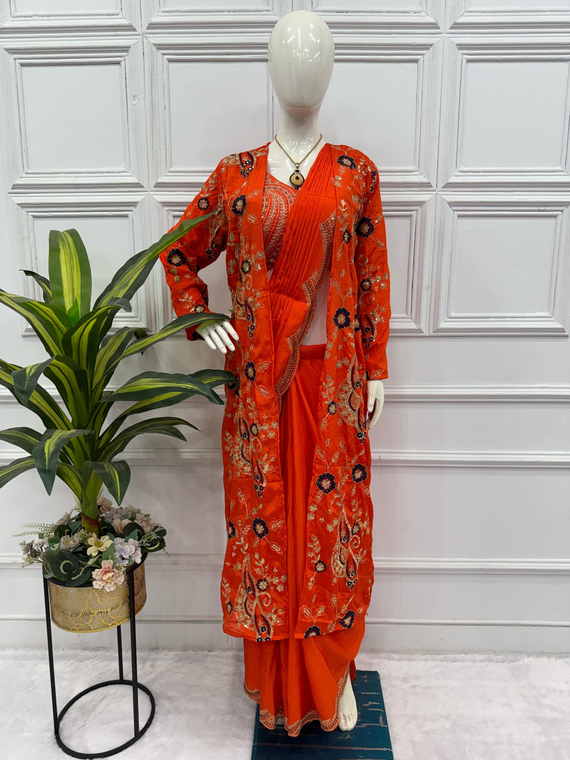 Eyes Catching Chinon Silk Orange Color Ready To Wear Saree With Koti