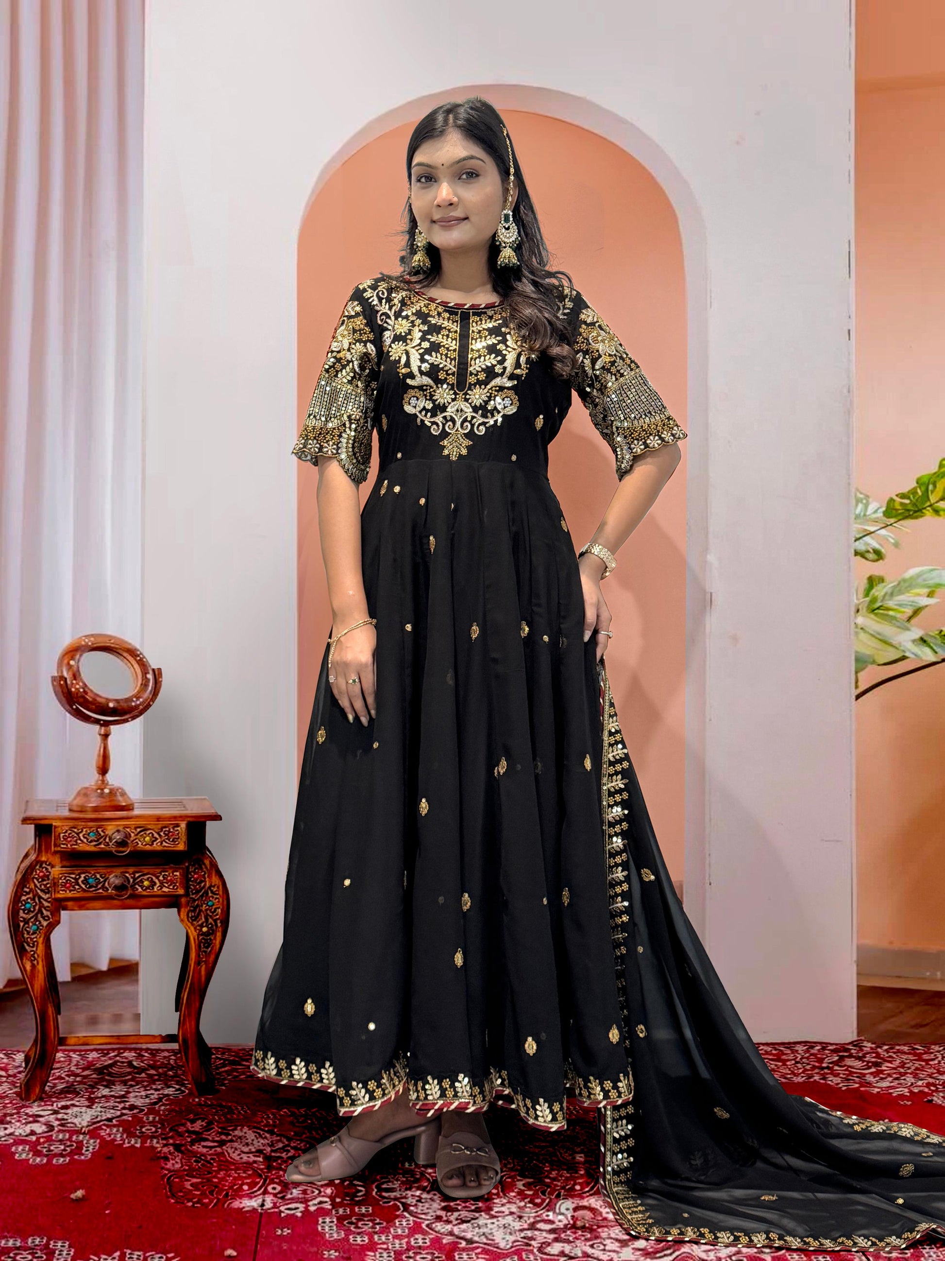 Beautiful Embroidery Sequence Work Black Color Gown