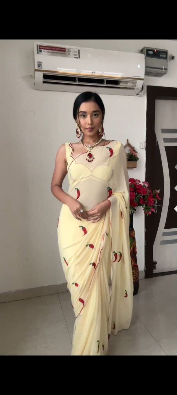 Shining Embroidery Work Cream Color Ready To Wear Saree