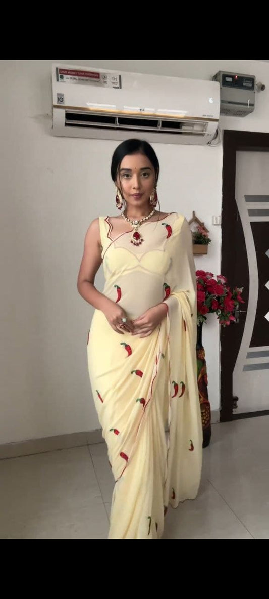 Shining Embroidery Work Cream Color Ready To Wear Saree