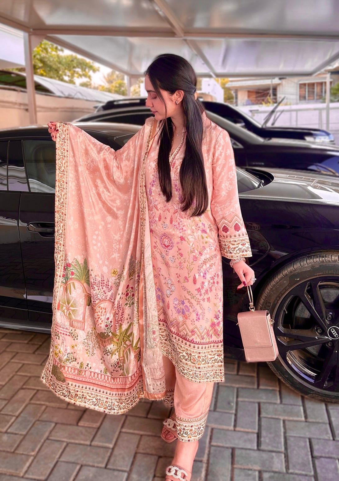 Beautiful Printed With Lace Border Peach Color Palazzo Suit