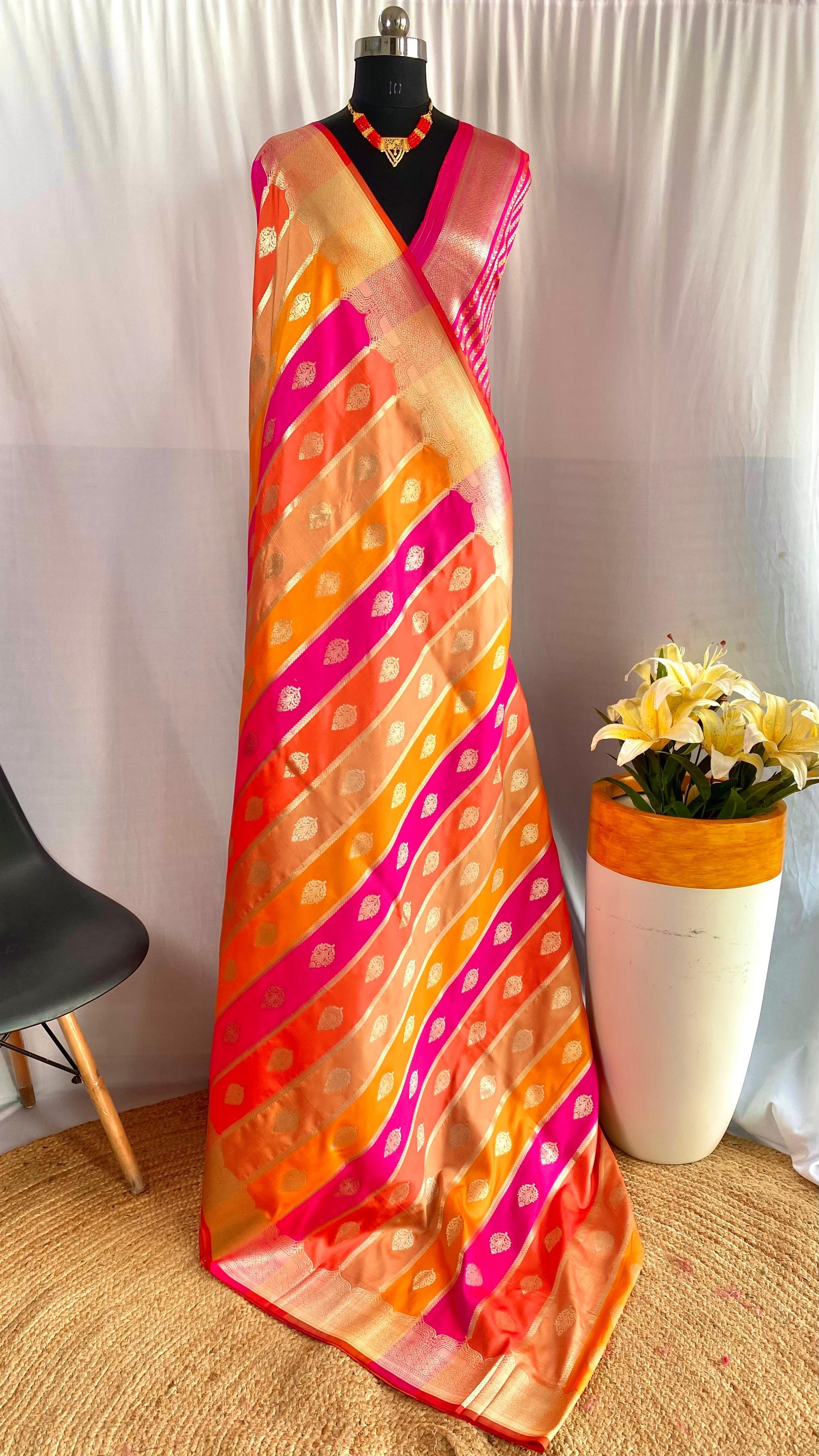 Stunning Benarasi Silk Multi Color Orange Pink Saree