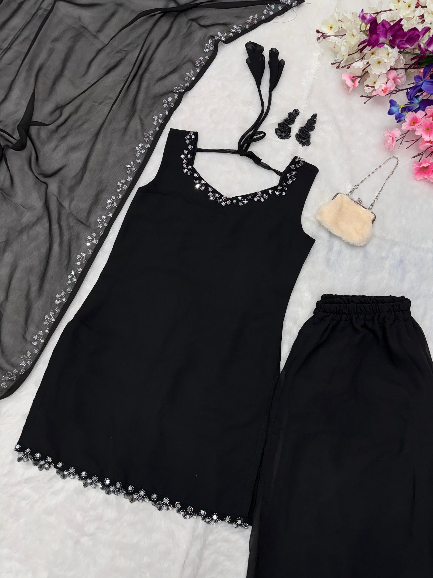 Preferable Real Mirror Work Black Color Palazzo Suit