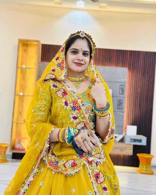 Multi Thread Work Georgette Mustard Color Lehenga Choli