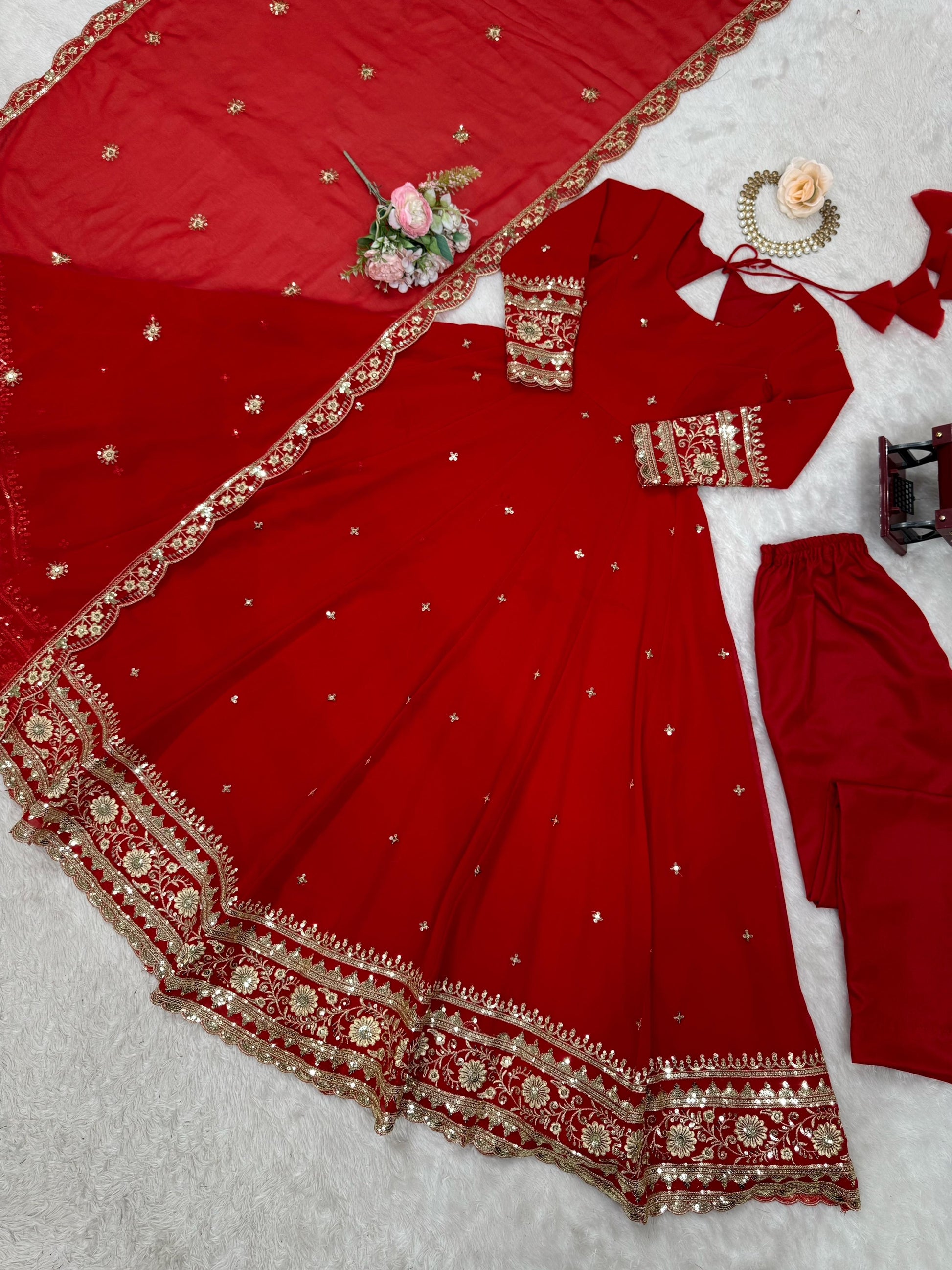 Outstanding Red Color Georgette Gown With Dupatta