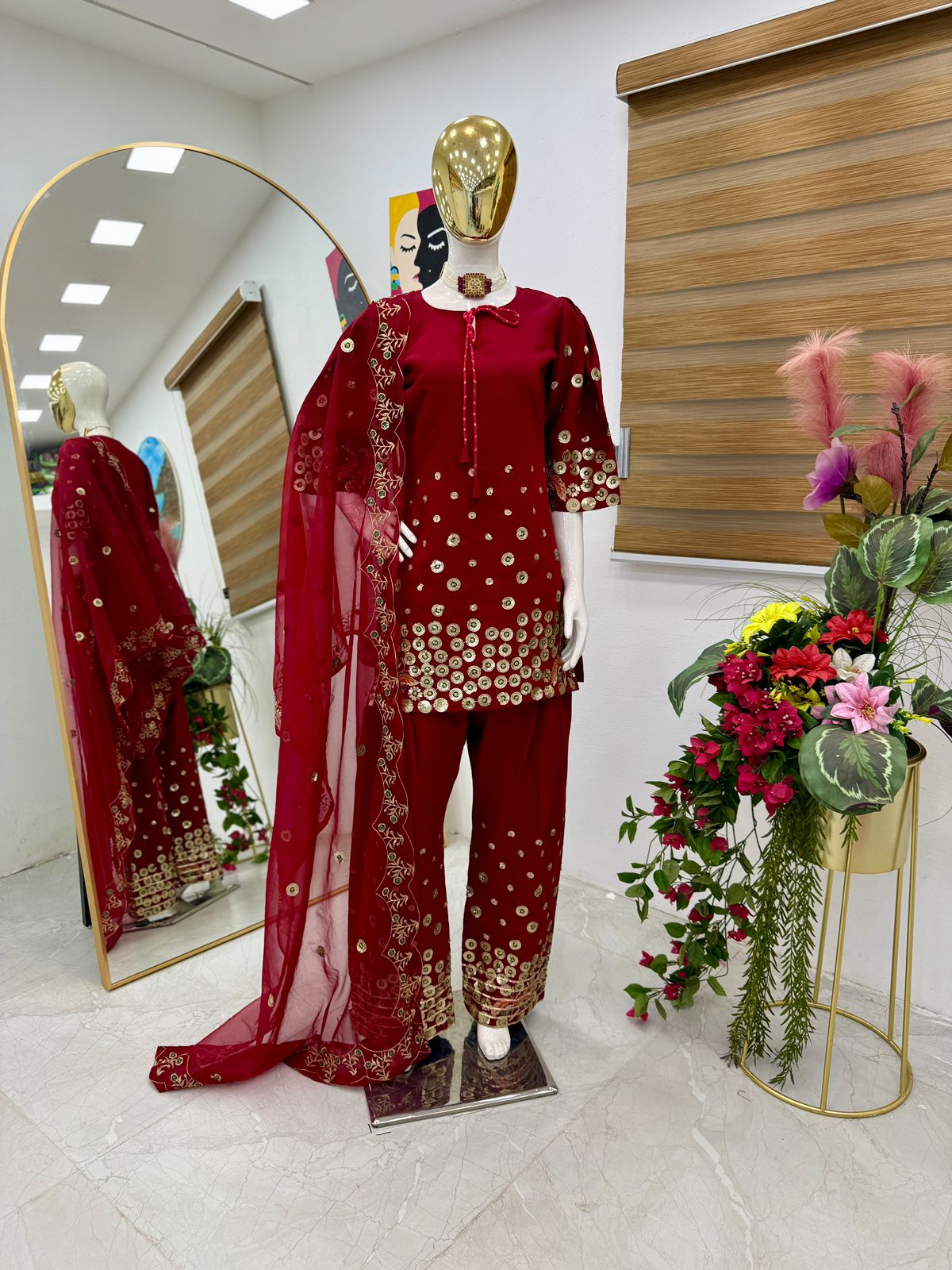 Red Color Sequence Work Alluring Palazzo Suit