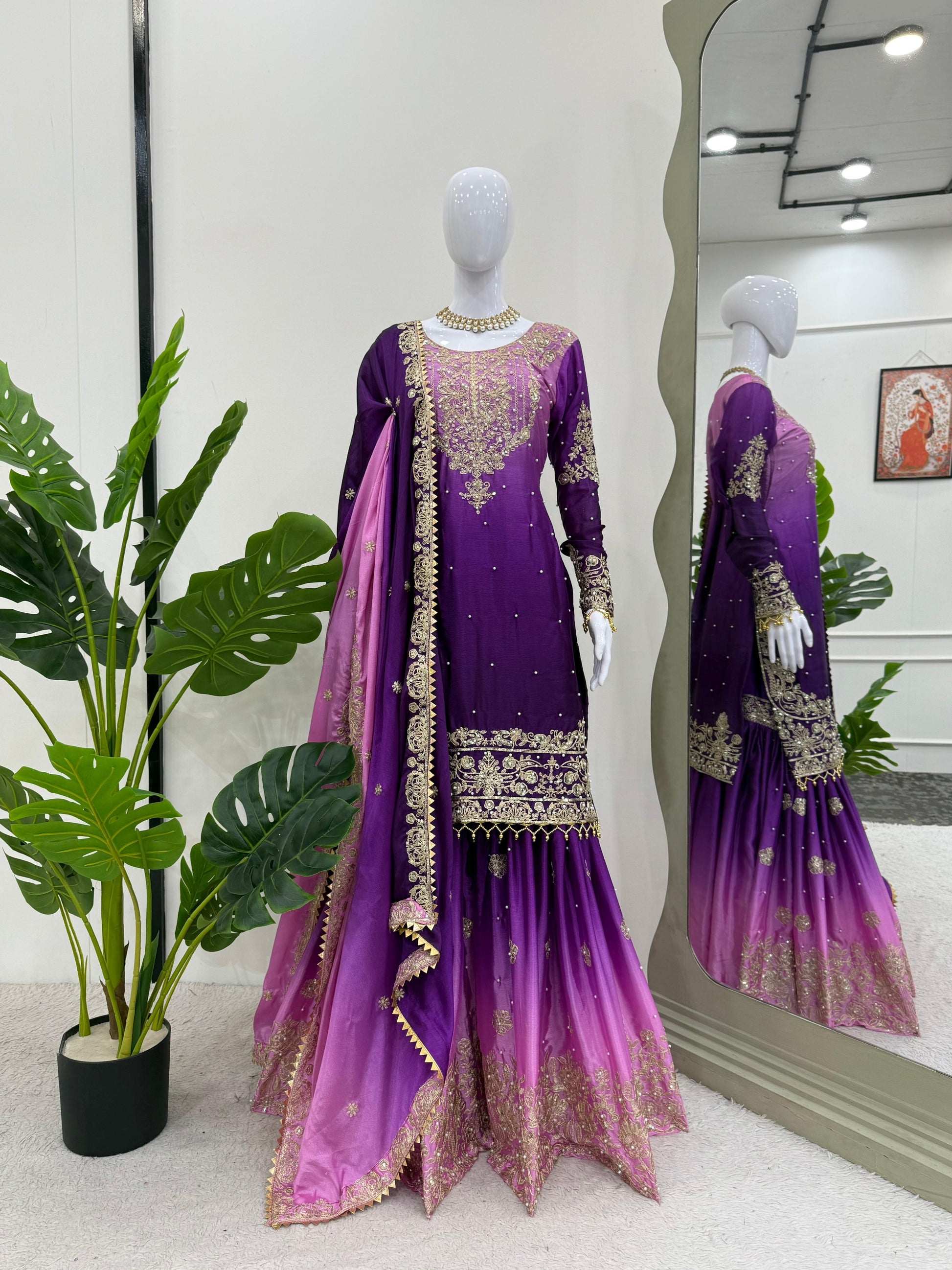 Good Looking Chinon Silk Rivet Moti Purple Color Sharara Suit