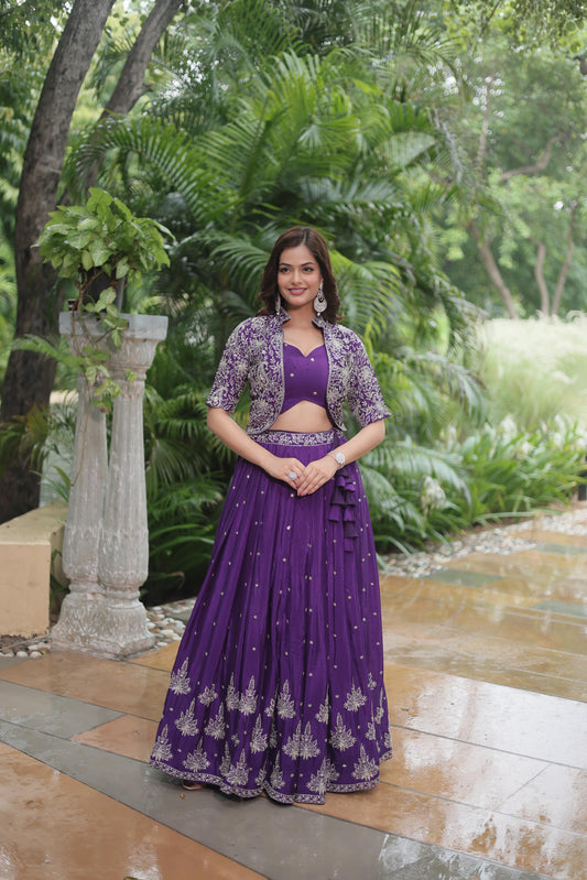 Designer Chinnon Purple Color Lehenga Choli With Koti