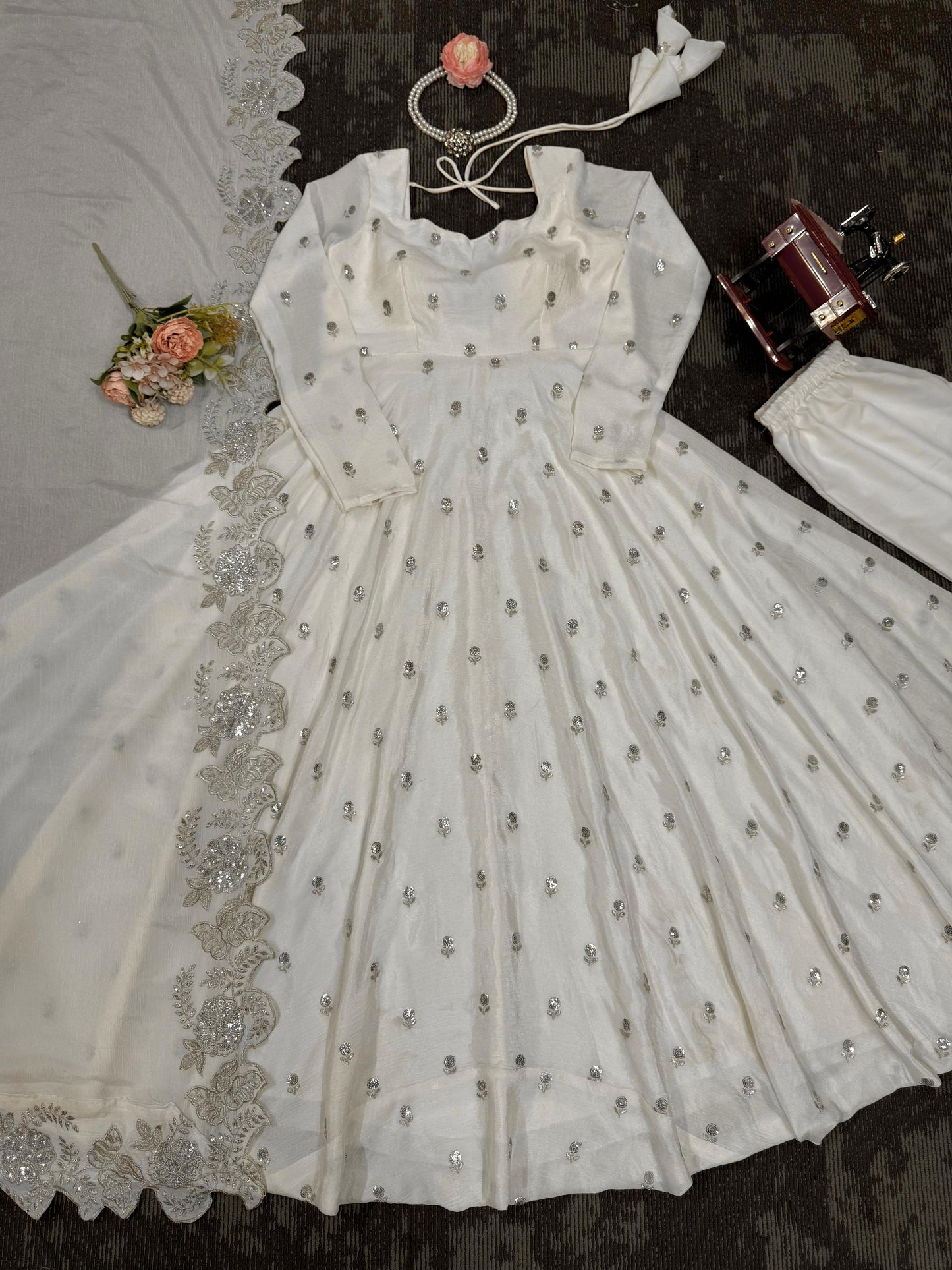 Flattering Sequence Work White Color Anarkali Gown