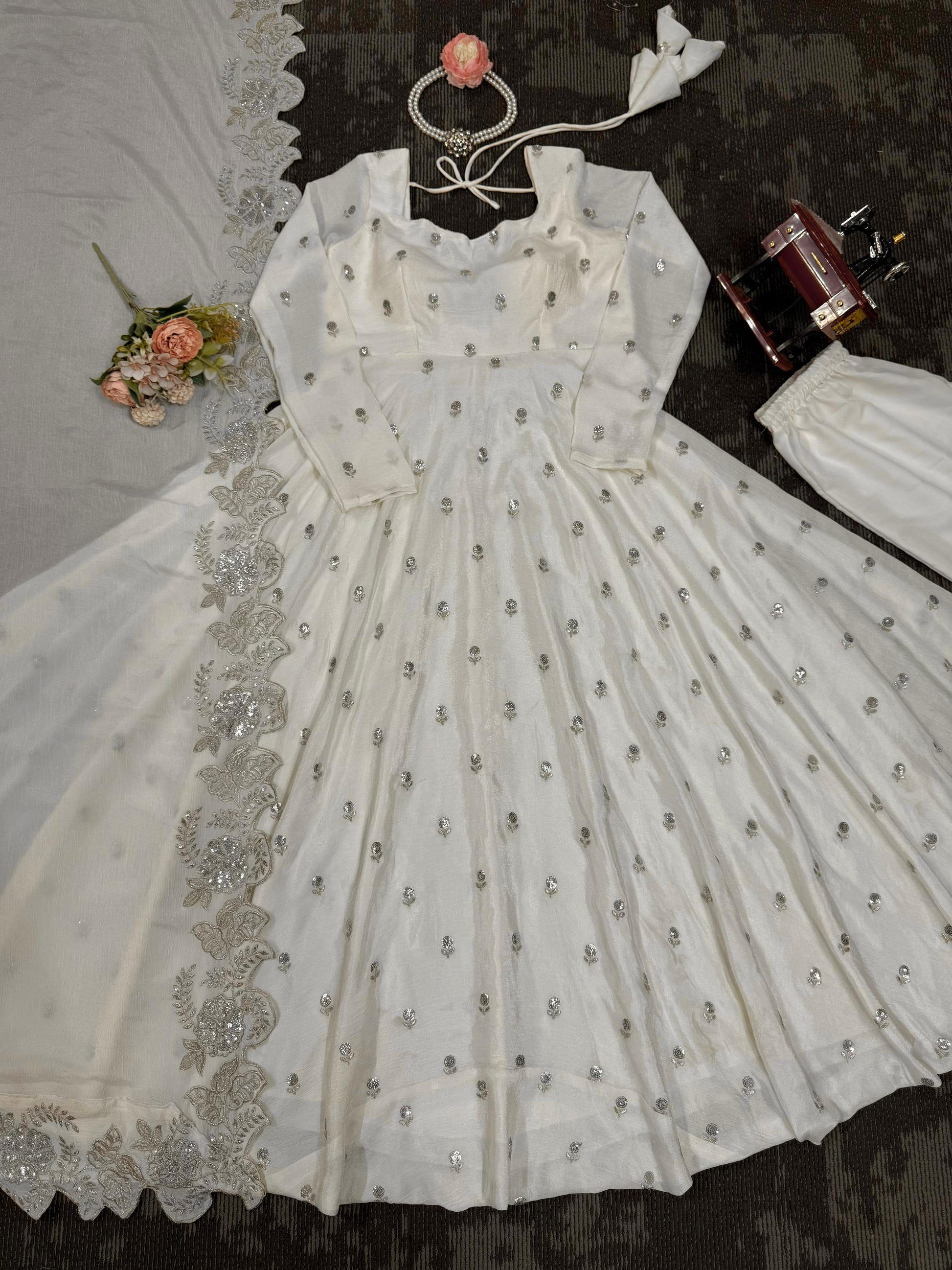 Flattering Sequence Work White Color Anarkali Gown