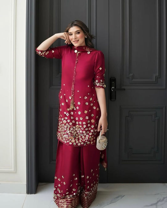 Red Color Sequence Work Alluring Palazzo Suit