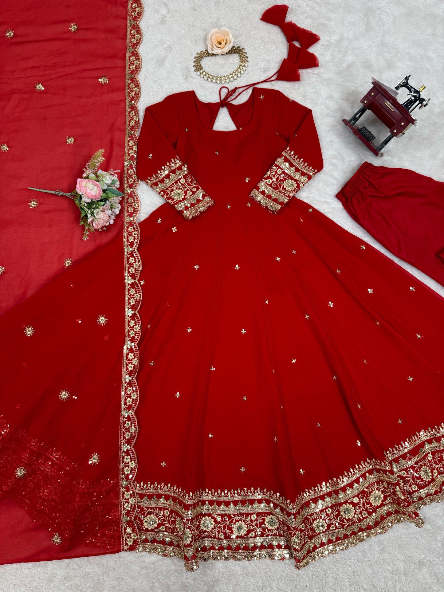 Outstanding Red Color Georgette Gown With Dupatta