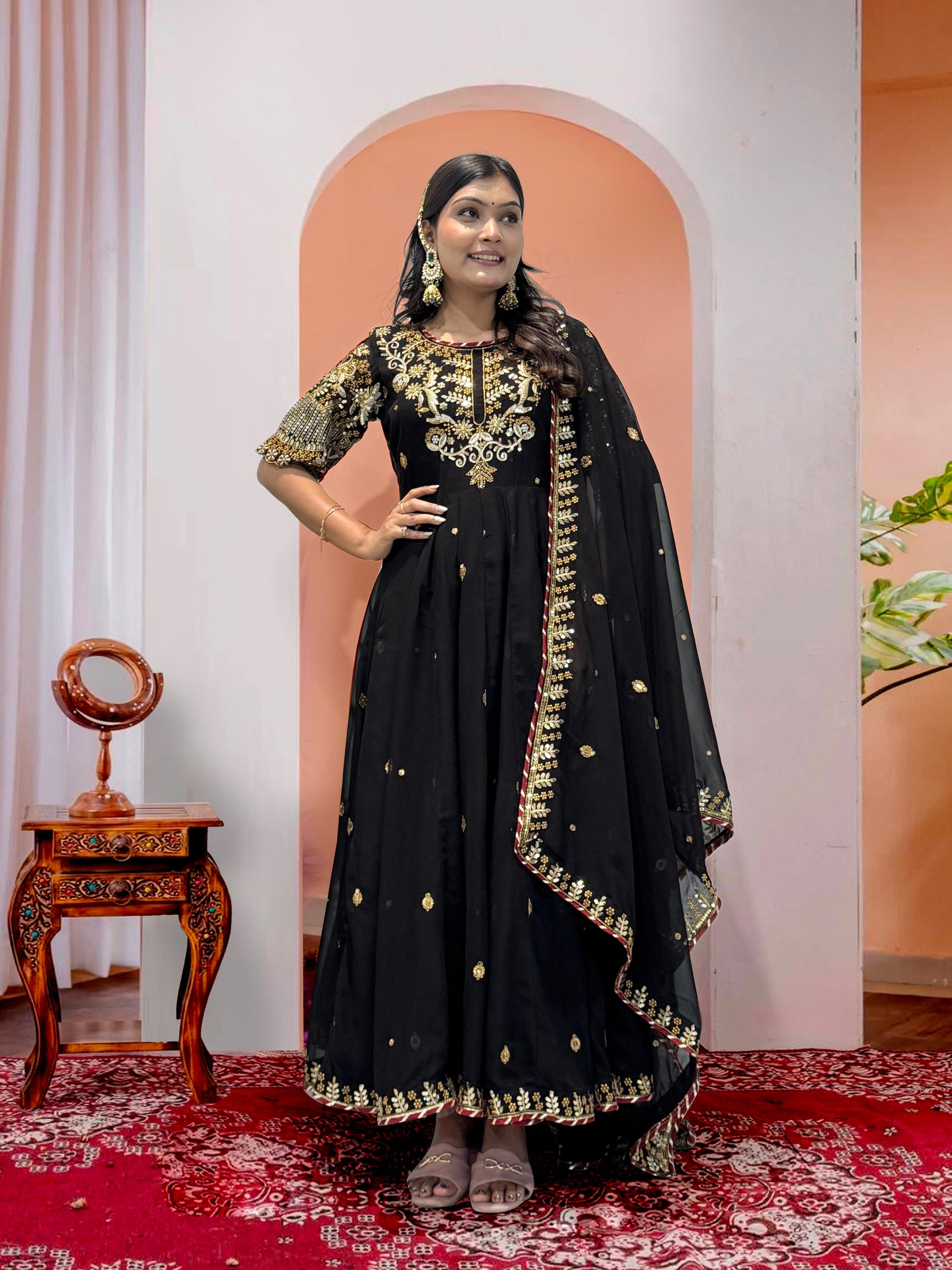 Beautiful Embroidery Sequence Work Black Color Gown