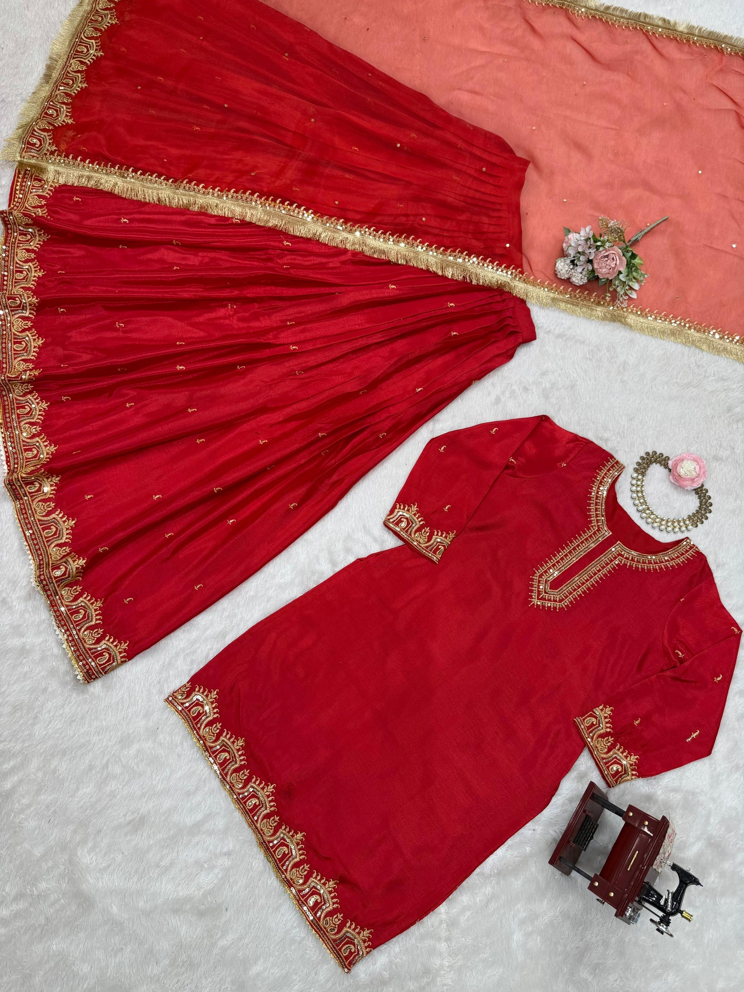 Designer Heavy Work Red Color Top With Lehenga