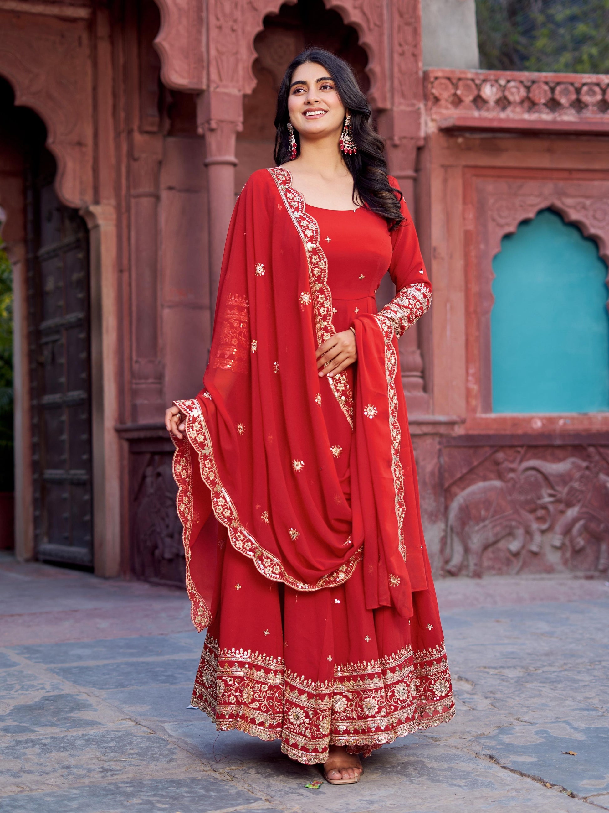 Outstanding Red Color Georgette Gown With Dupatta