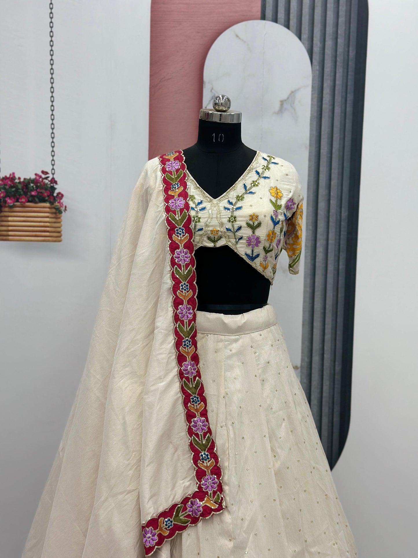 Function Wear Simmer Silk Cream Color Lehenga Choli