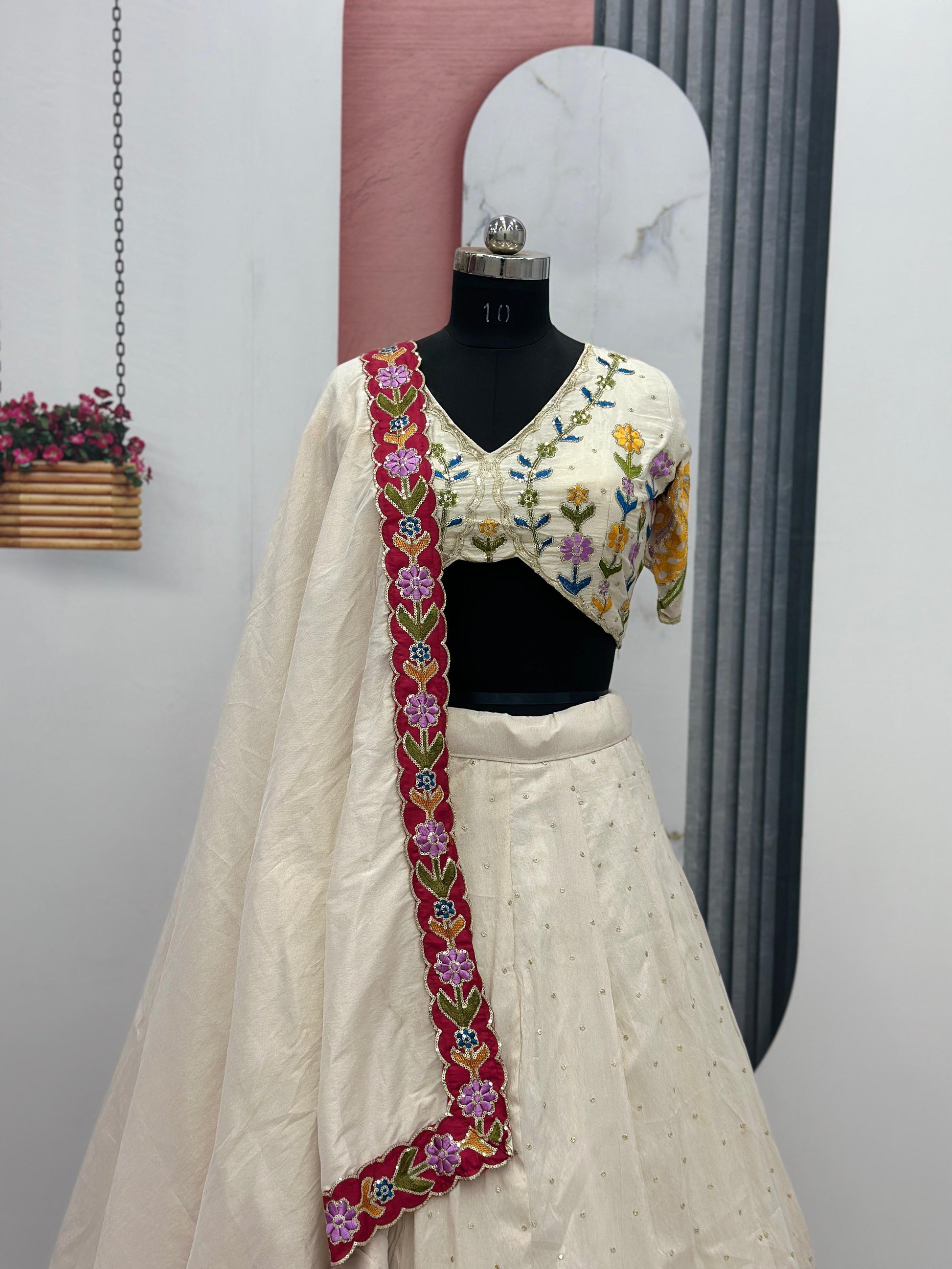 Function Wear Simmer Silk Cream Color Lehenga Choli