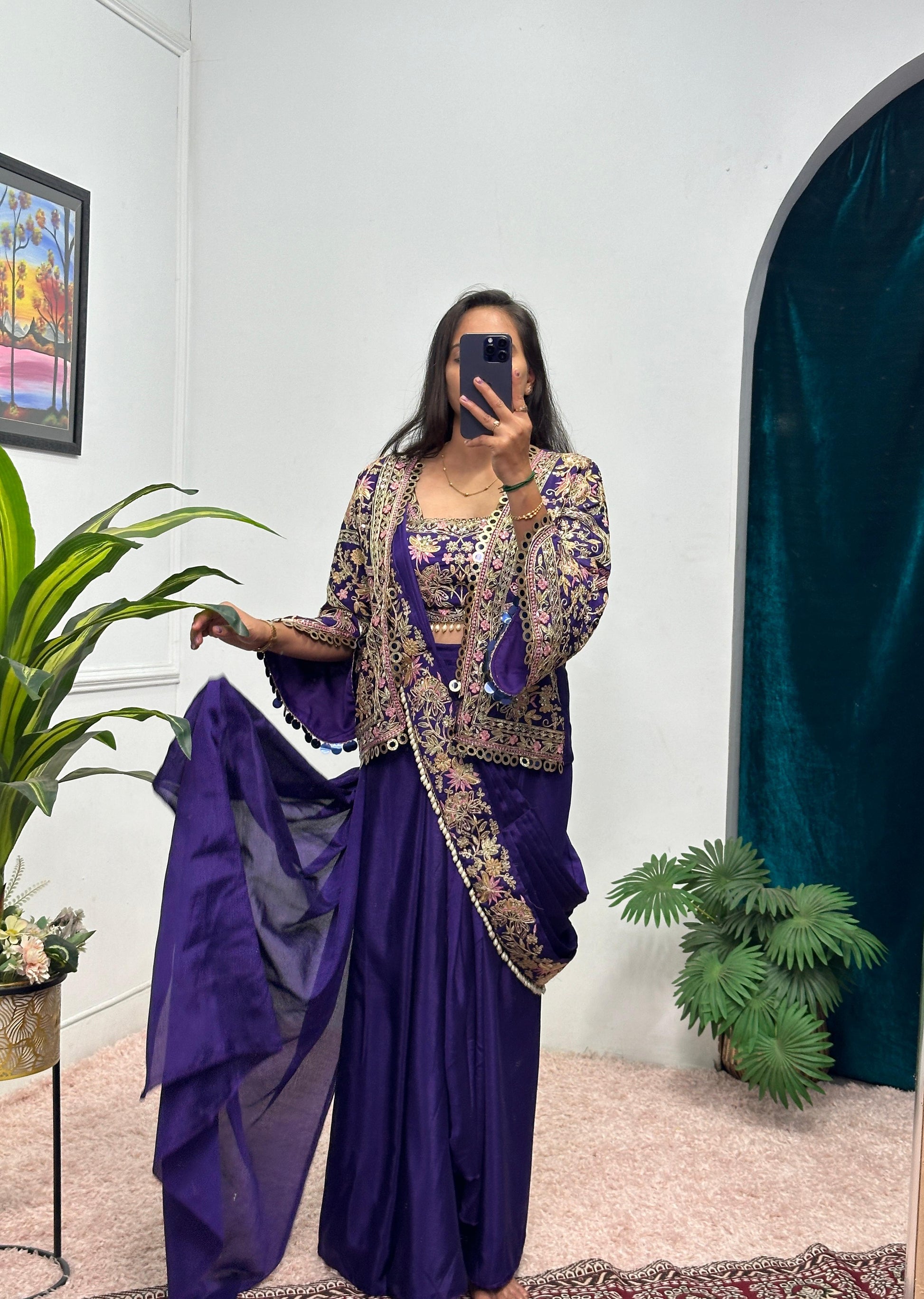 Presenting Embroidery Work Purple Color Ready To Wear Saree