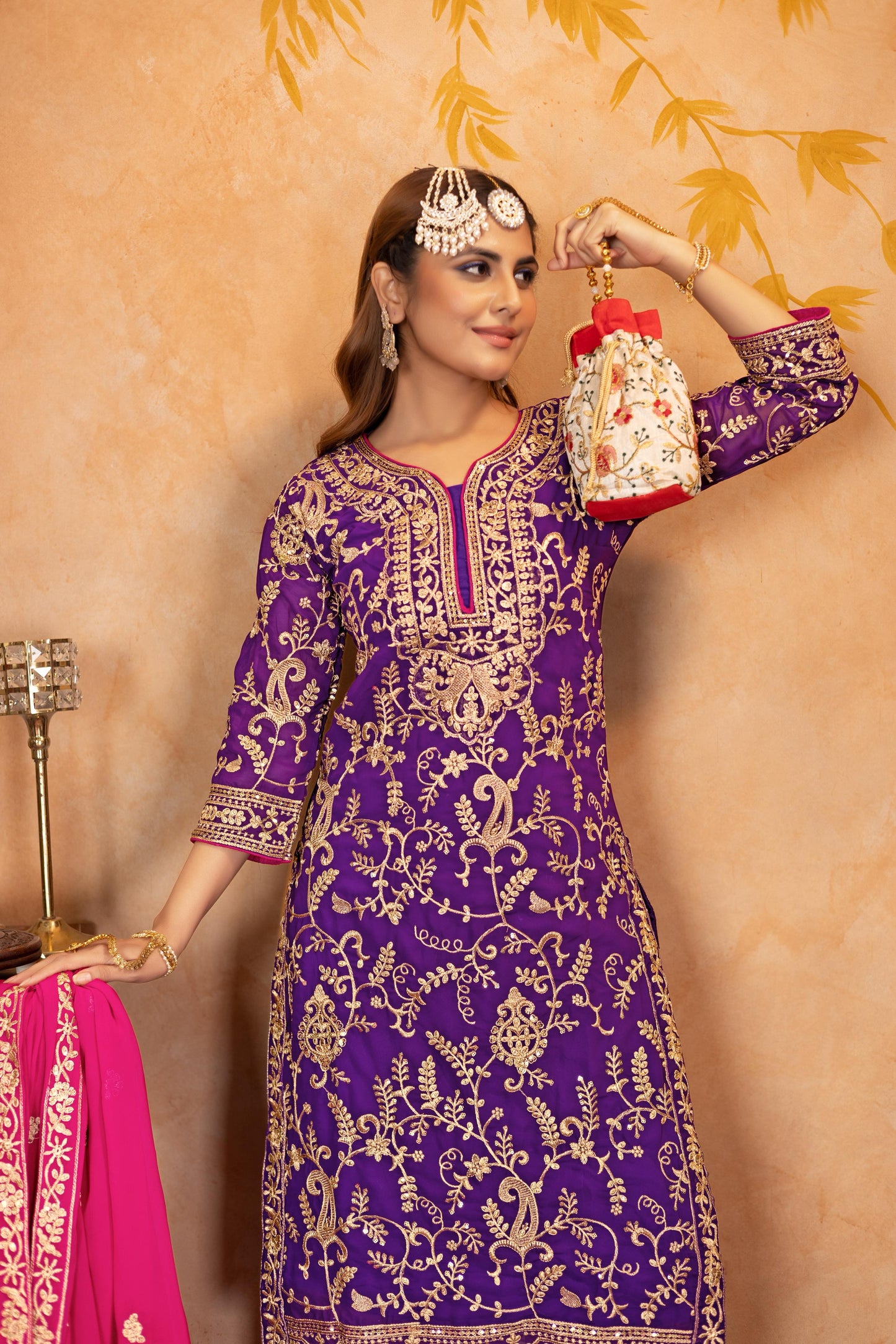 Good Looking Heavy Work Purple Color Palazzo Suit