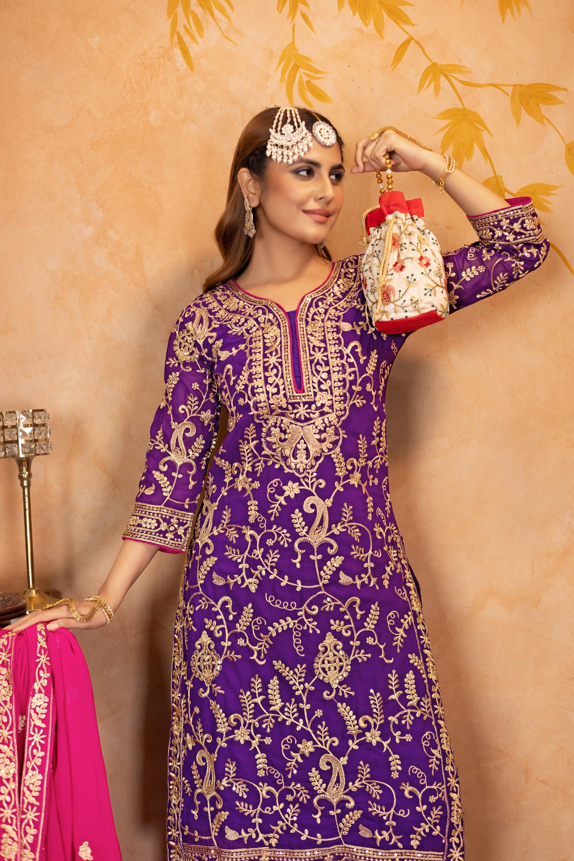 Good Looking Heavy Work Purple Color Palazzo Suit