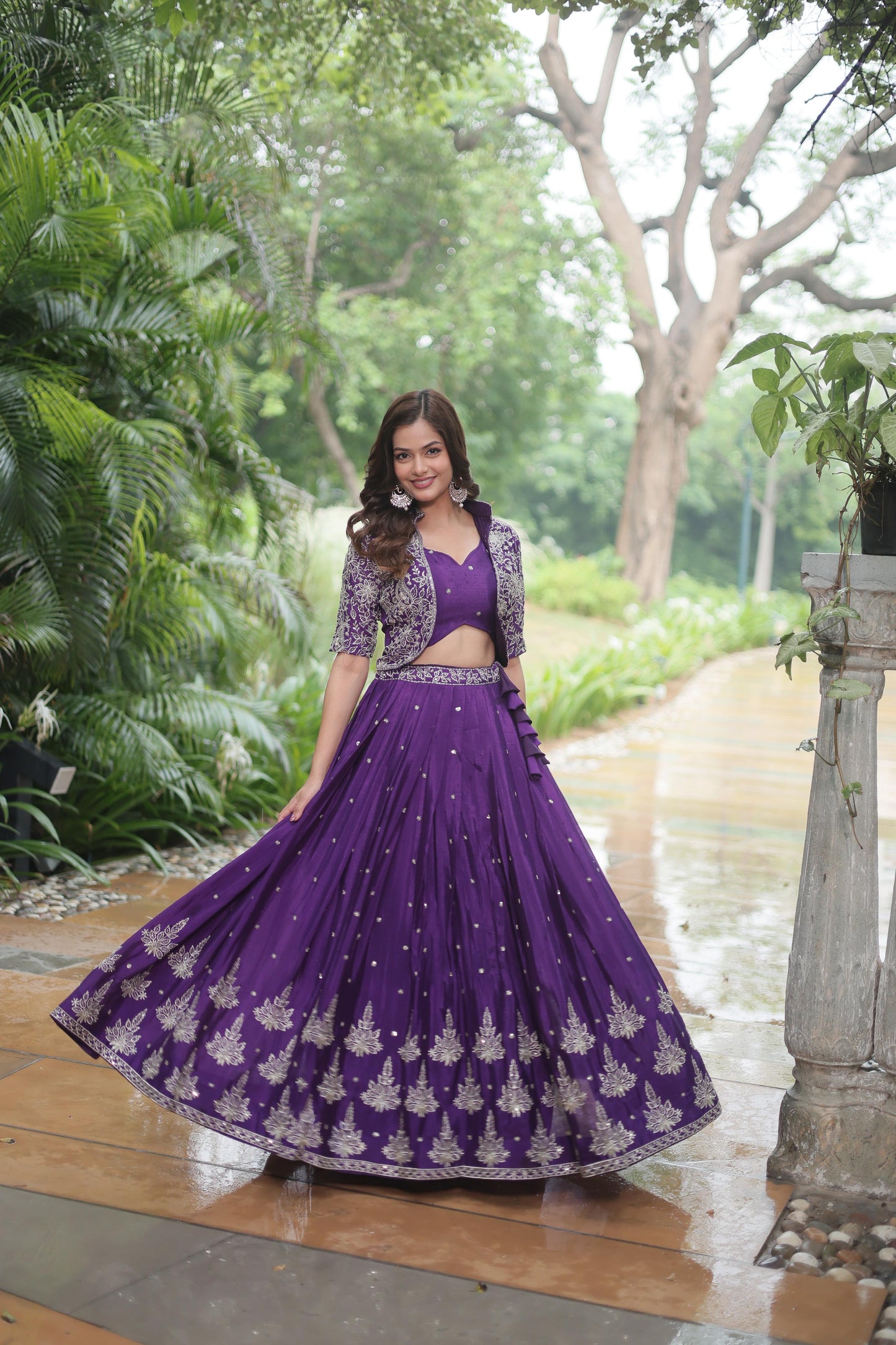 Designer Chinnon Purple Color Lehenga Choli With Koti