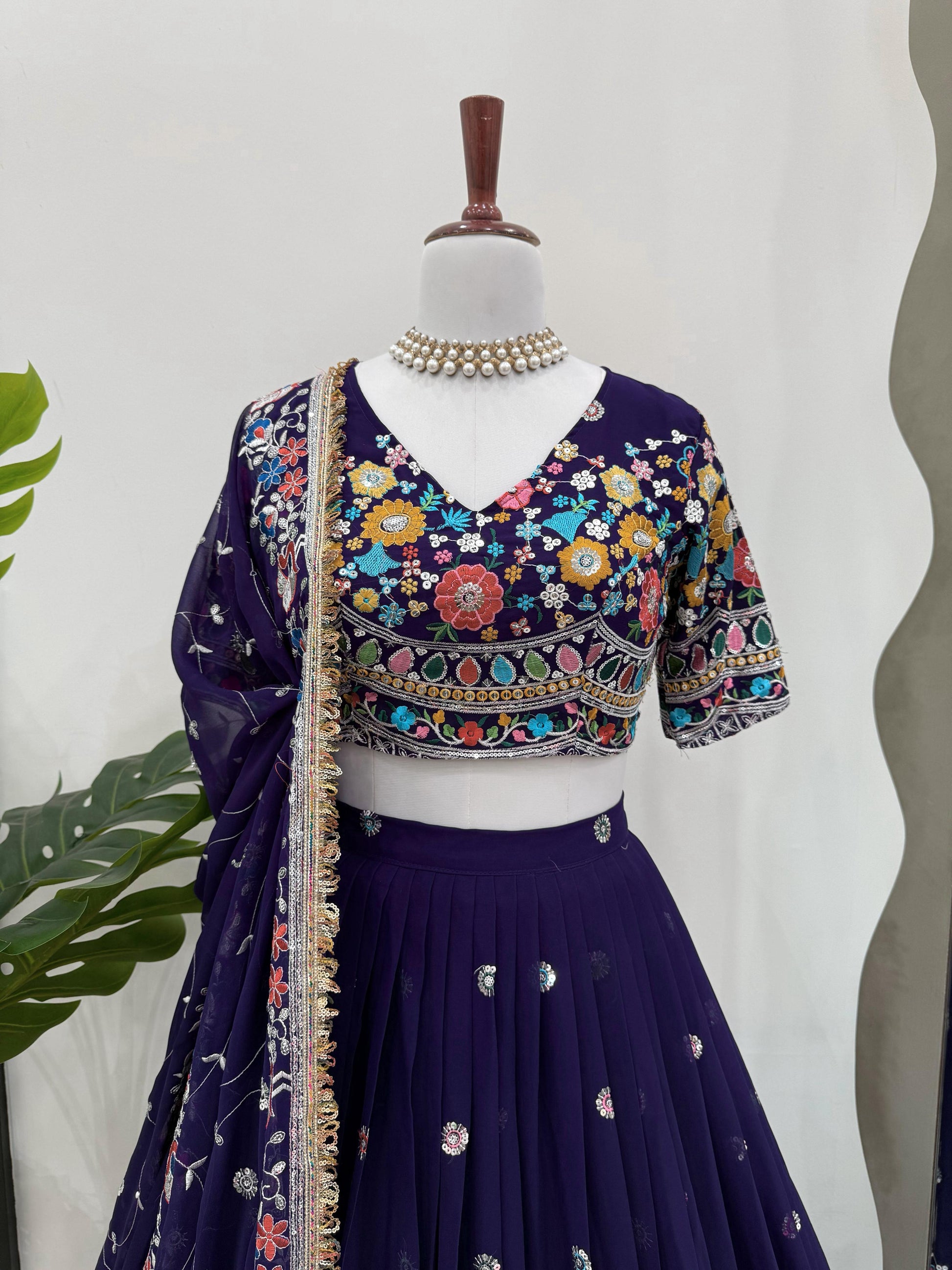 Multi Thread Work Georgette Navy Blue Color Lehenga Choli