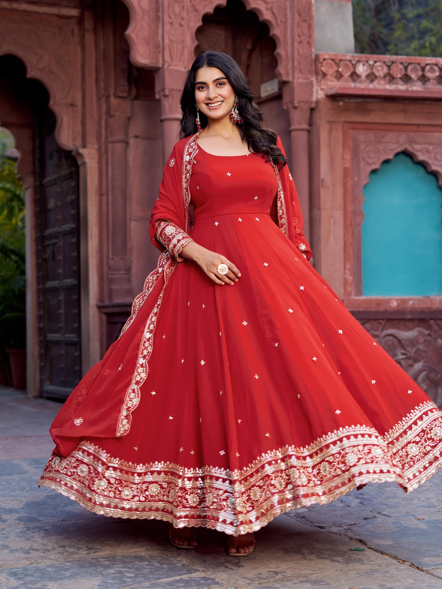 Outstanding Red Color Georgette Gown With Dupatta
