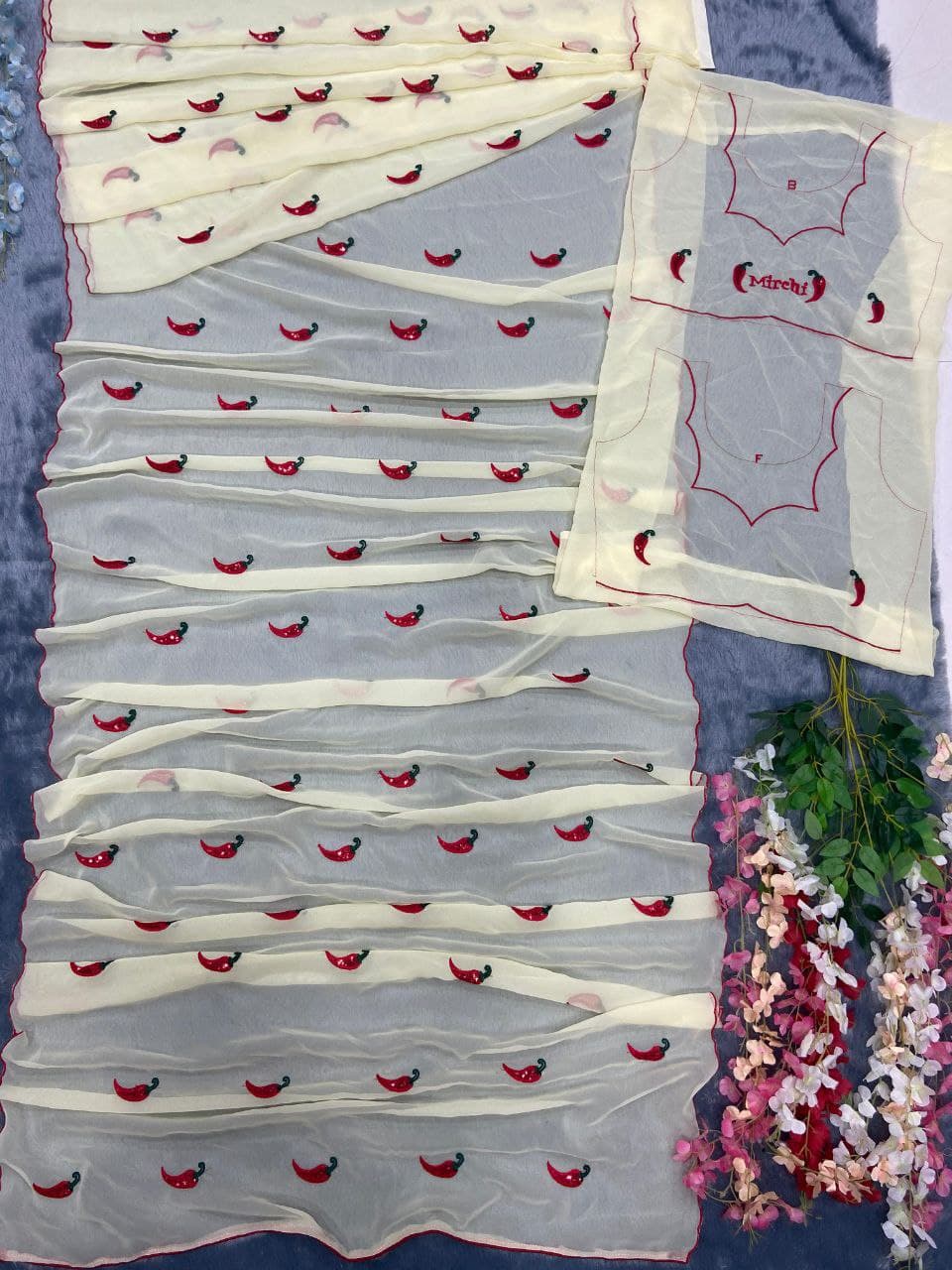 Shining Embroidery Work Cream Color Ready To Wear Saree