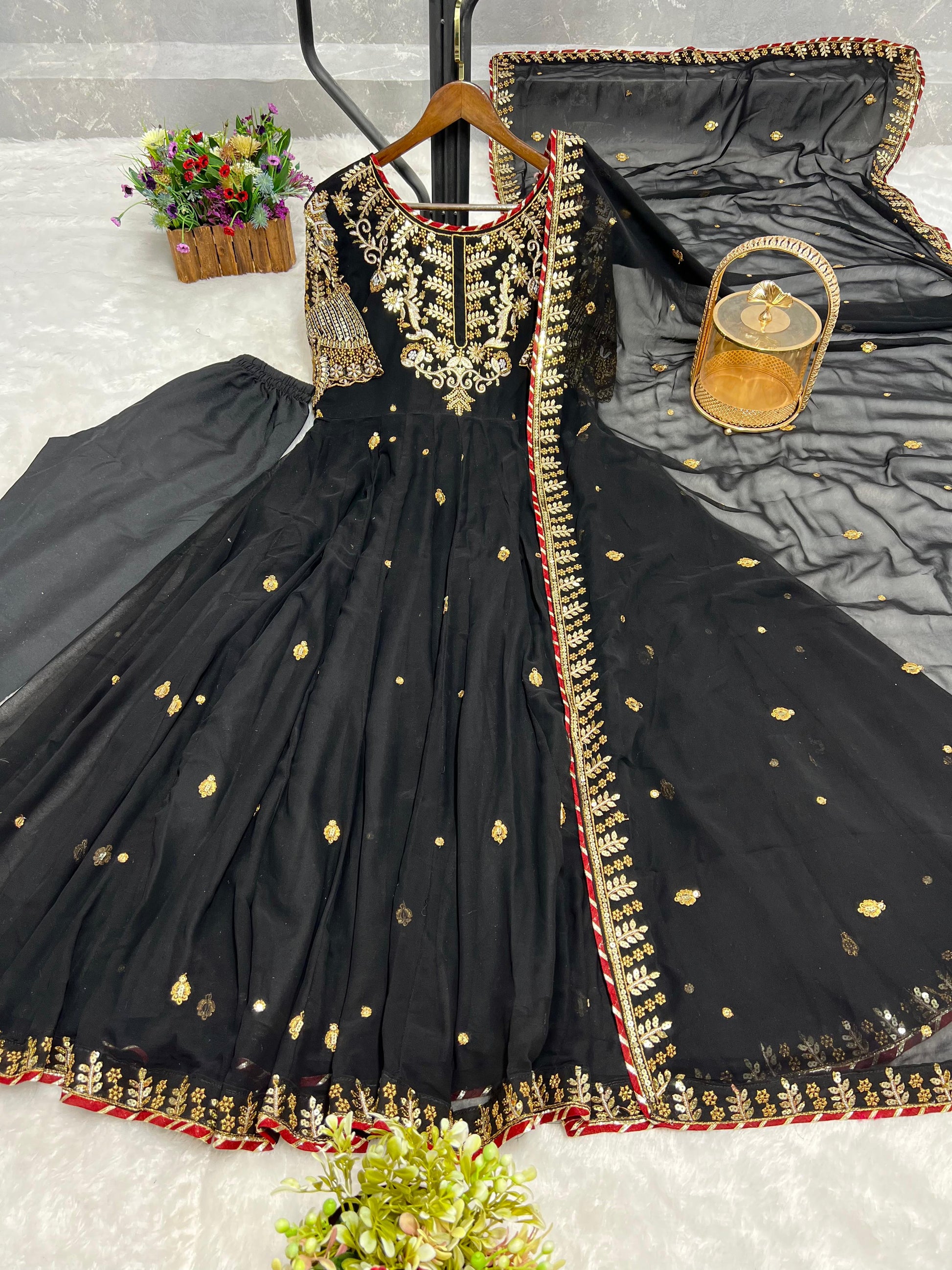 Beautiful Embroidery Sequence Work Black Color Gown