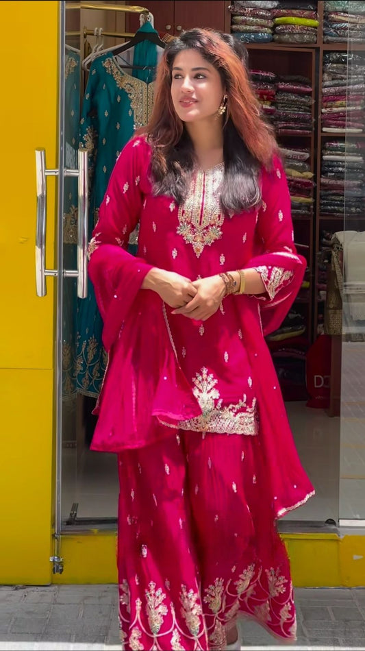 Designer Heavy Work Pink Color Sharara Suit